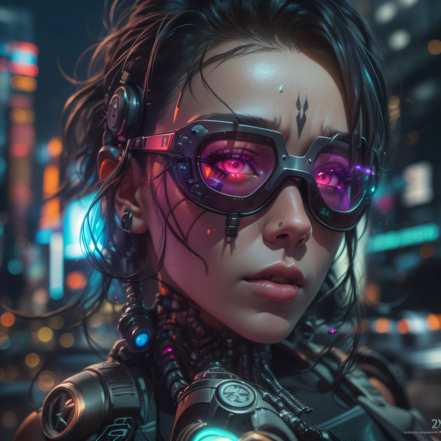 (highly detailed: 1.2), (canon EOS R6 best quality: 1.2), (8k: 1.0), (emb-rrf-low: 1.0), (lots of large black tattoos on cybernetic head open in the middle showing the inside, detailed face, hyper detailed eyes and wearing hi-tech sunglasses with holographic display 1.2), sharp focus (awarded photo: 1.2), (subsurface scatter: 1.2), (subsurface scatter: 1.2). 1.1) (a beautiful ultra-detailed cyborg: 1.2), ( hyper-detailed hair: 1.2), (wonderful body: 1.2), (full body: 1.2), (dynamic stance :1.2), neon glow, (detailed cybernetic eyes:1.1), close-up (hyperrealistic:1.2), rpg, CyberPunk 2077 style, dramatic lighting, (highly detailed futuristic cityscape:1.2), (sci-fi: 1.2). 1.2), professional portrait photography, by wlop greg rutkowski jeffrey simpson alphonse mucha