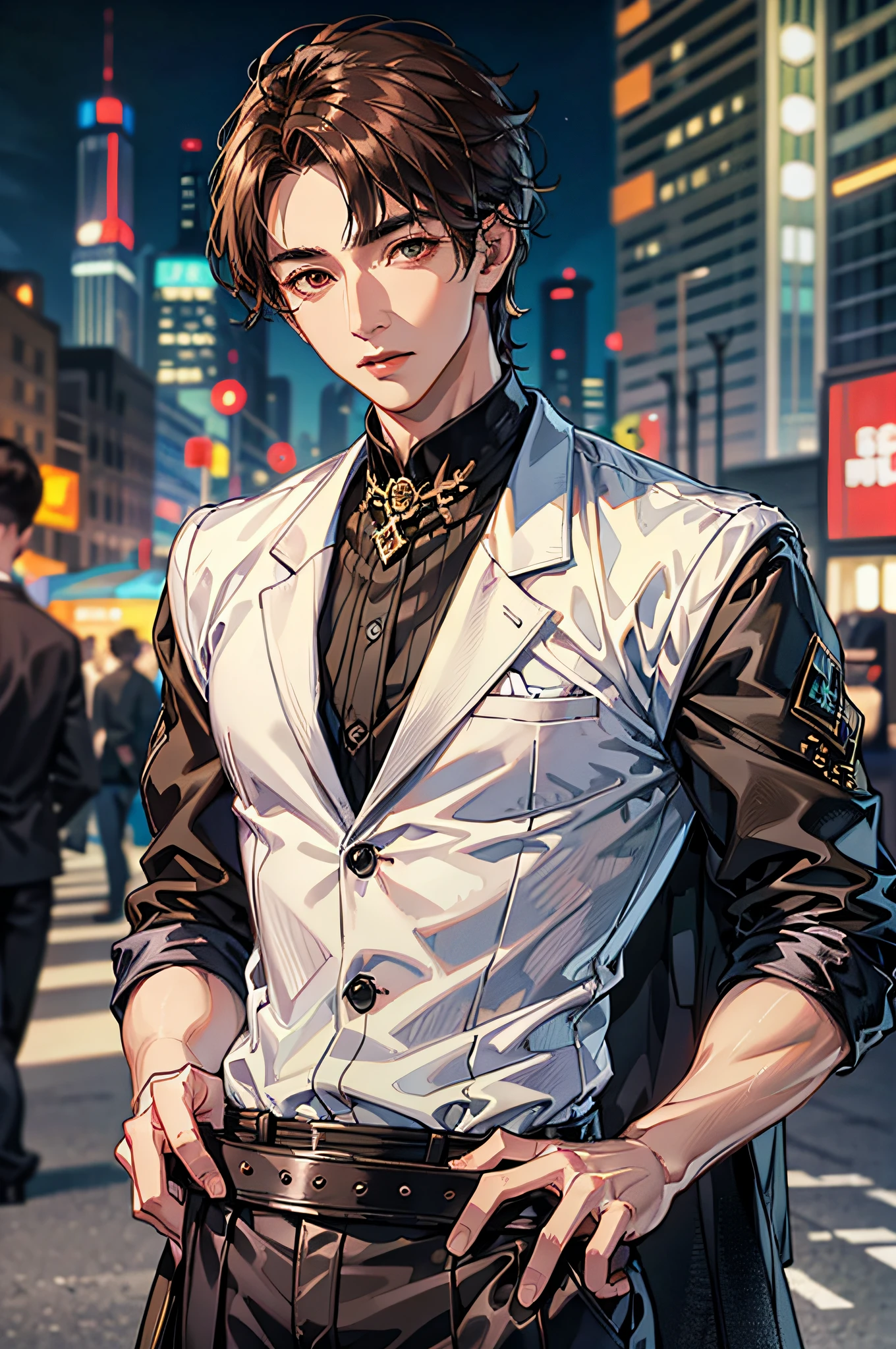 (absurderes,A high resolution,ultra - detailed,HDR),tmasterpiece,best qualtiy,独奏,handsome,Fine eyes and detailed face,(Pale and white skin),1 male,独奏,AS-Adult,mature,Tall muscular man,broad shoulder,handsome,Very short hair,brunette color hair,with brown eye,Angular chin,Thick neck,thick eyebrow,natta, deep colour, Night view city background, formal outfit, tiese, Full body view of the upper body