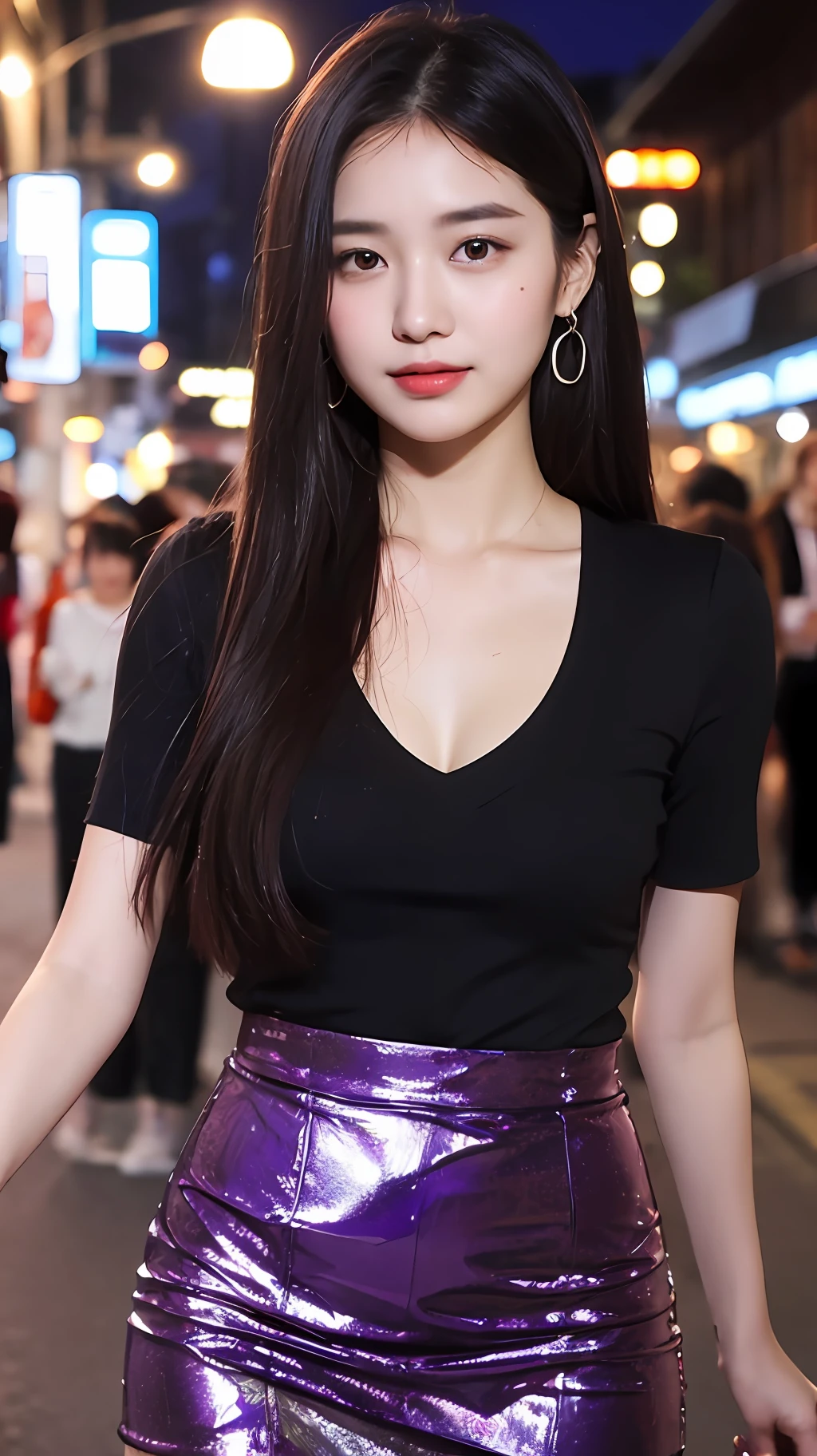 ((best qualtiy,4k,tmasterpiece:1.3)), 1girll, ssmile, full bodyesbian, Zhang Tianai's face, Beautiful woman, black color hair(Deep purple reflection), Floral miniskirt :1.1, Super detailed face, Detailed eyes, 二重まぶた, blur backgroun, Slim Faces, Bustling city, do lado de fora, the street,nighttime scene