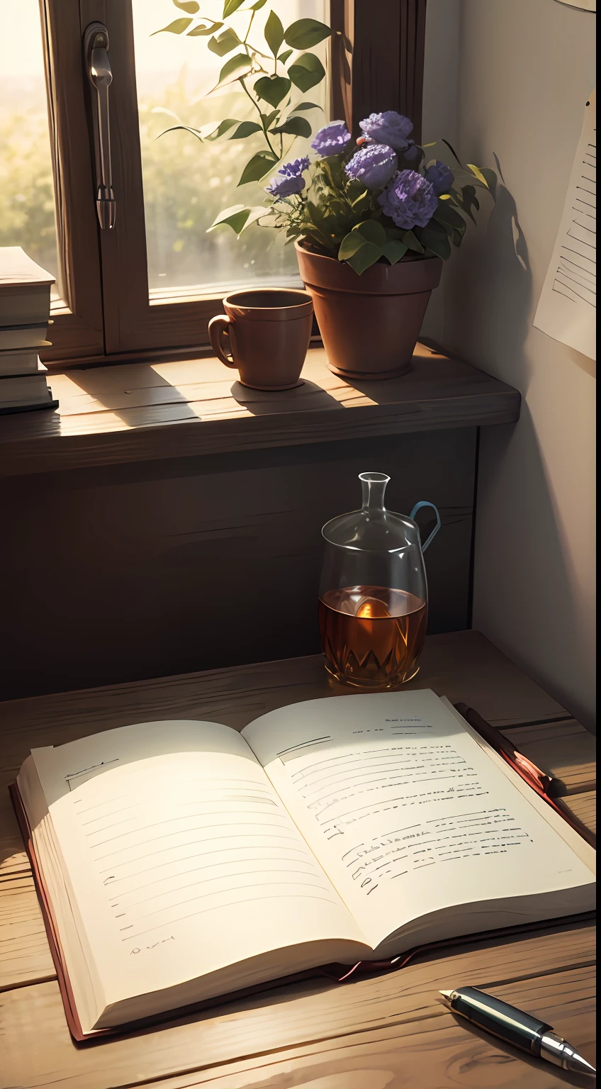 There was a book and a pen on the table, Comfortable moonshine The paper is blank --auto