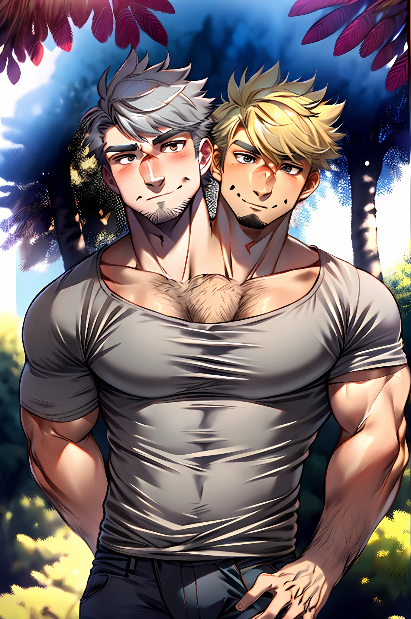 25-year old male, casual clothes, hirsute, two heads, two different heads. Right head older, ash-grey hair, stubble. Left head younger, blonde hair. Visible age difference. Different hairstyle. Different face shape. Nature background.