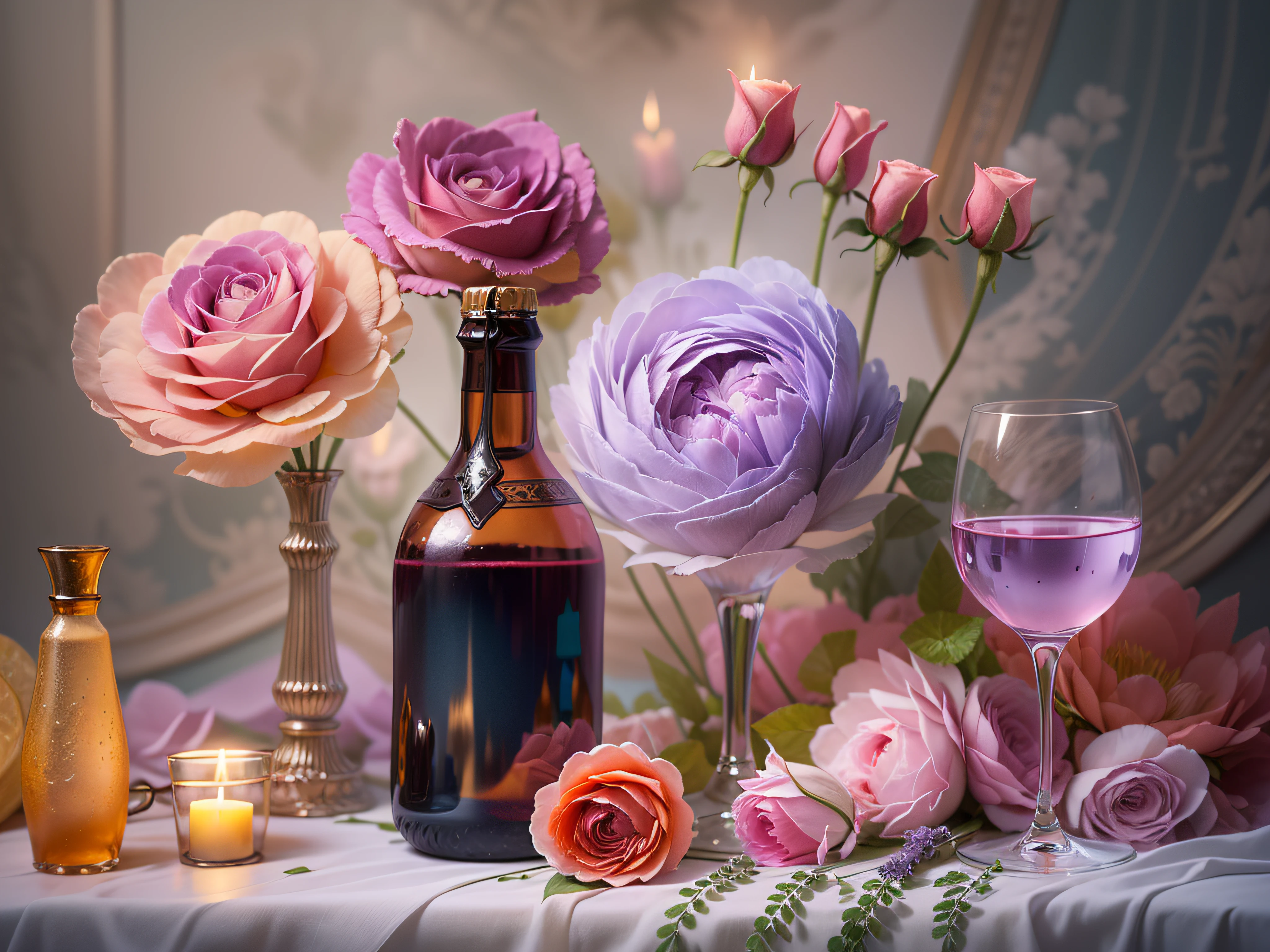 abstract digital art, A bottle of wine and a glass of wine, candles, a romantic evening, rose, lavender and ranunculus flowers in a vase, 3d, caricature, cotton candy colors, wonderland, native art, socialist realism, food photography, flower photography, still life photography