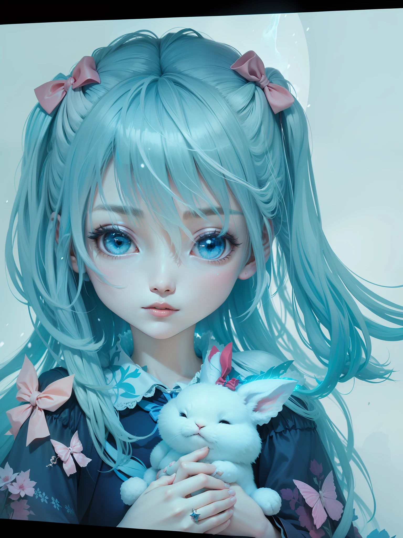 White snow,desolated,aethereal,Ethereal and fantastic,Little girl holding little white rabbit doll