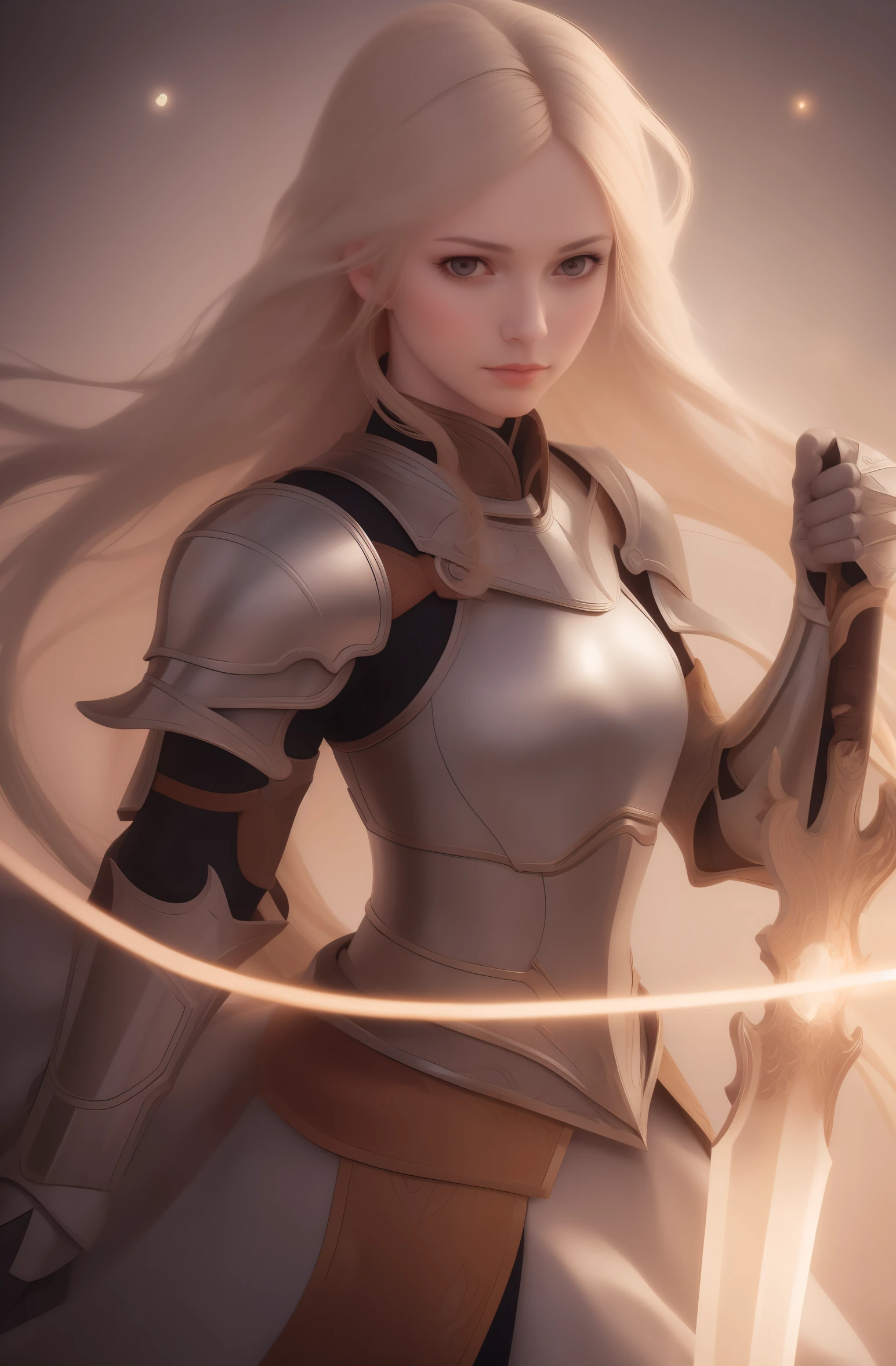 best quality, masterpiece, upper body,
(adult:1.6) hungarian woman, (smirk:0.4),
braided golden hair,
sparkling eyes,
victorian sundress,
 floating light particles, centered, realistic,Guardian Tales Female Knight,holding sword,beautiful,super realistic,detail,blue aura sword,yellow hair,background detail