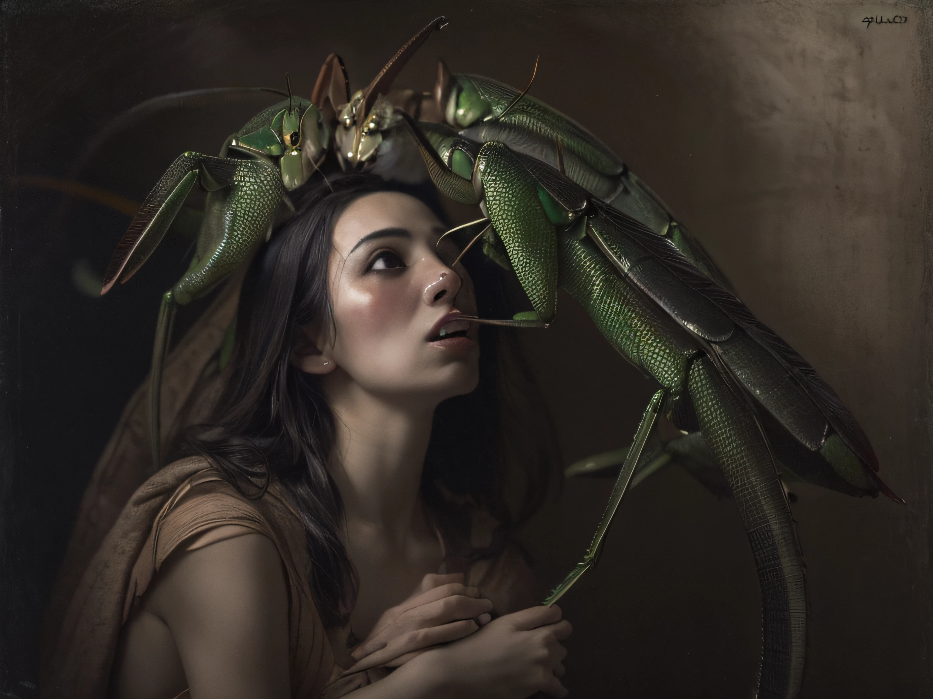 "((Obra maestra))(The best lighting, alto contraste, oscuro, dramatic, Acabado fotorrealista),(mujer con brazos de mantis religiosa, insecto, monja, enfado, Llorosos),(Baphometh saca la lengua), viejos, lobos, gusanos, lombrices, Serpientes. Luz Caravaggio"