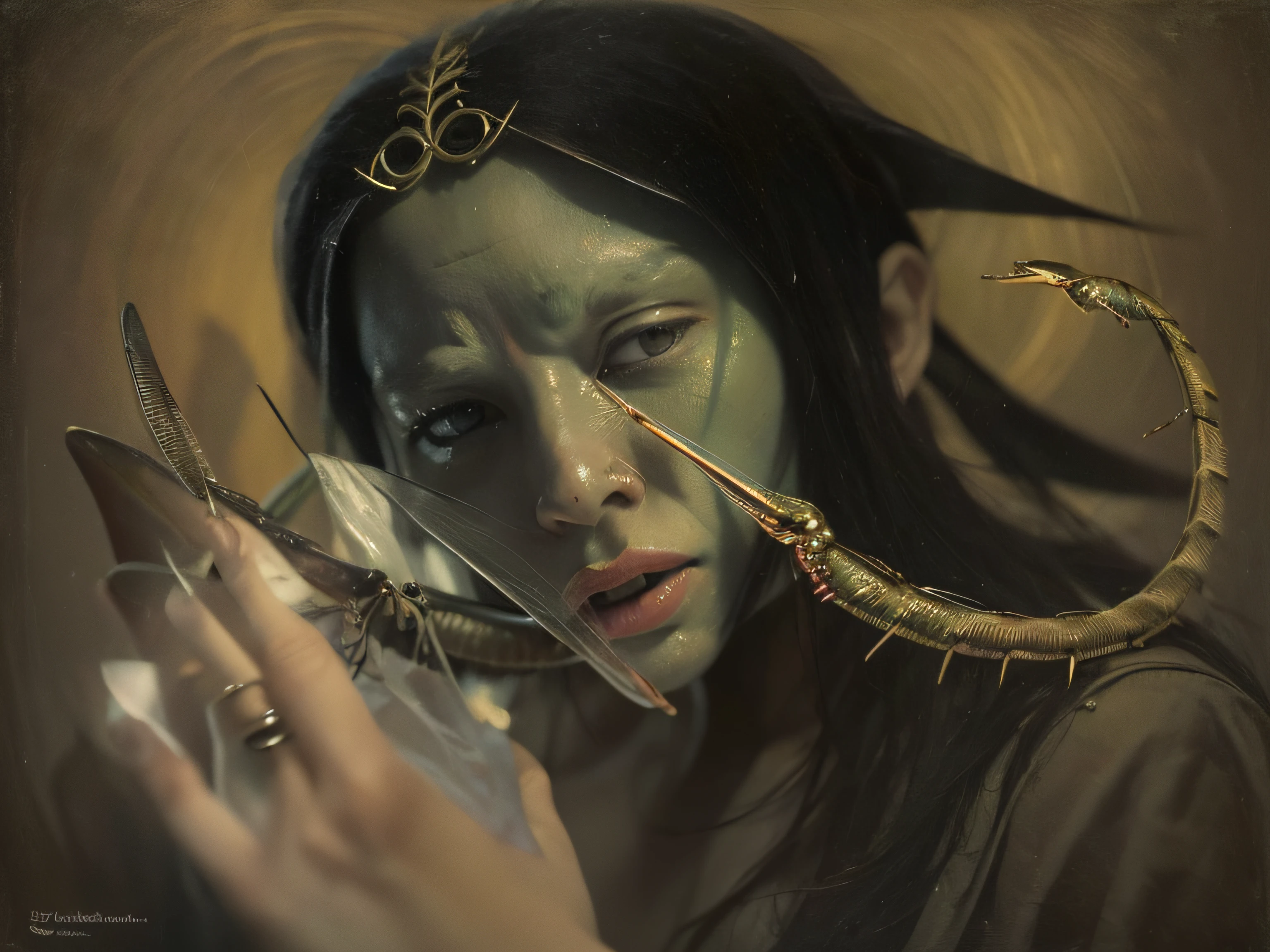 "((Obra maestra))(The best lighting, alto contraste, oscuro, dramatic, Acabado fotorrealista),(mujer con brazos de mantis religiosa, insecto, monja, enfado, Llorosos),(Baphometh saca la lengua), viejos, lobos, gusanos, lombrices, Serpientes. Luz Caravaggio"