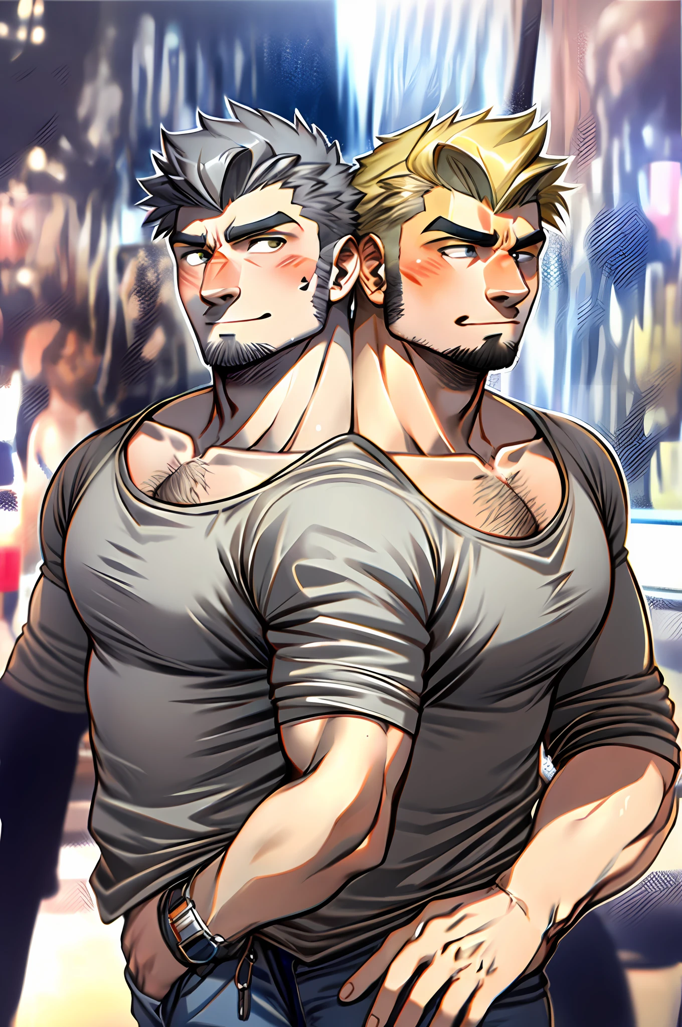 25-year old male, casual clothes, hirsute, two heads, two different heads. Right head older, ash-grey hair, stubble. Left head younger, blonde hair. Visible age difference. Different hairtstyle. Different face shape.