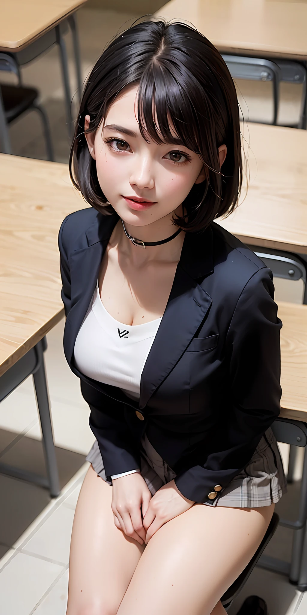((8k, RAW photos, top quality, masterpieces), high-definition RAW color photos professional close-up photos, (realistic, photorealism: 1.37), (highest quality), (best shadows), (best illustrations), collarbones ((big)), ((erotic, sexy, ultra high resolution, high-definition CG unified 8K wallpapers, physically based rendering, movie lighting), (aegyo sal:1), 18 year old girl, (grey blazer, ribbon, socks, high school uniform: 1.2), high school classroom, beautiful detail eyes, light on the face, ((full body shot: 1.2)), especially strong light, (upper eyes, grinning smile:1.2),shiny skin, (((black hair, bob hair:1.2))), ( thick thighs), ulzzang-6500-v1.1:0.2, shy, (flash:1.2), NSFW , (puffy), ((seductive posture: 1.2, attractive: 1.2)), (idle), (sitting at a desk in classroom: 1.2)), ((good anatomy: 1.2)), ((bright and refreshing classroom, background blurred: 1.2)), perfect face, cute face, (high angle shot:1.2)