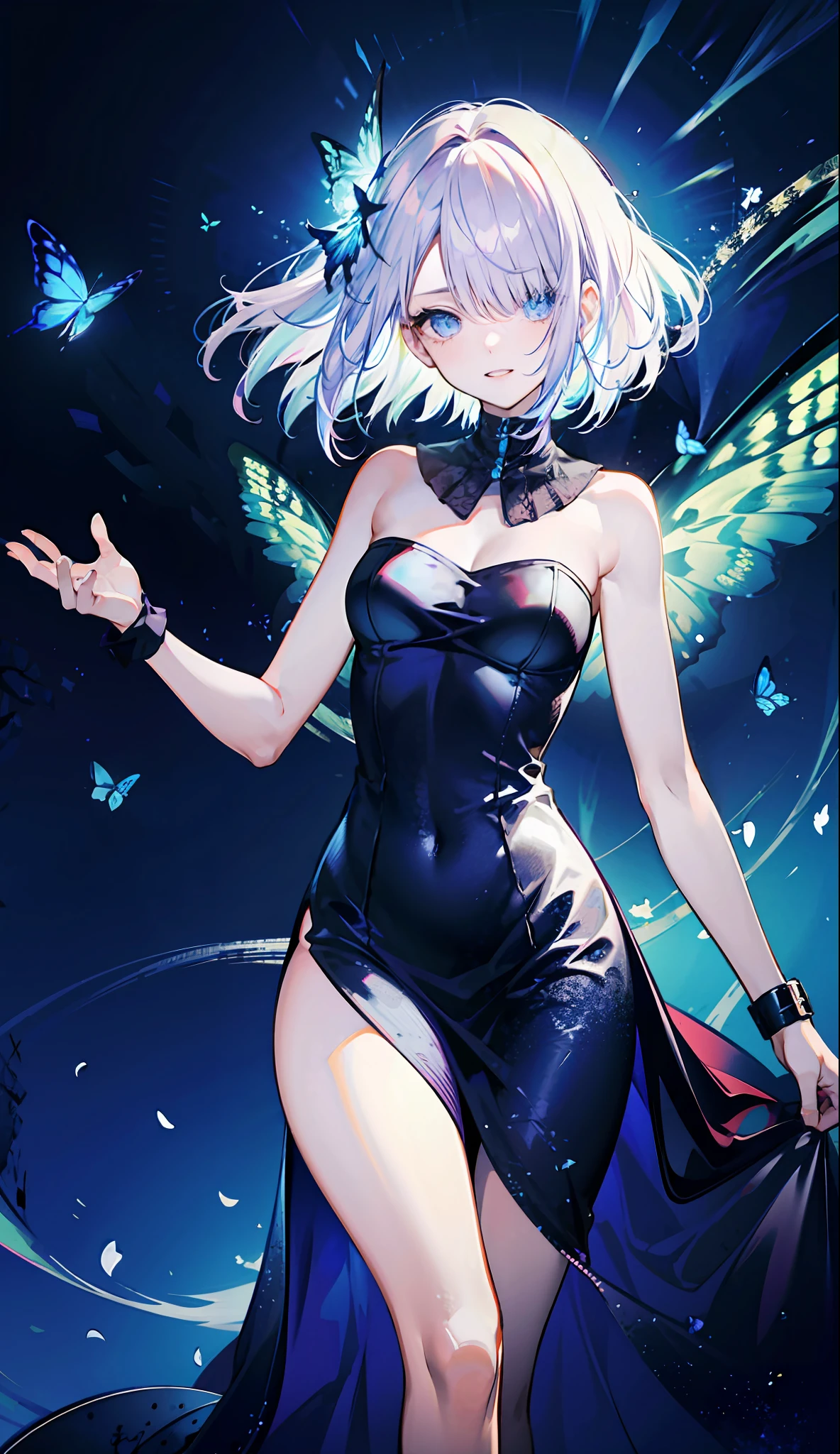 8k wallpaper,detailedbackground,Highest high resolution,silber hair,Bandeau Dress,tight-fitting,Castle background,A princess,butterflys,rays of moonlight,Hair covers one eye