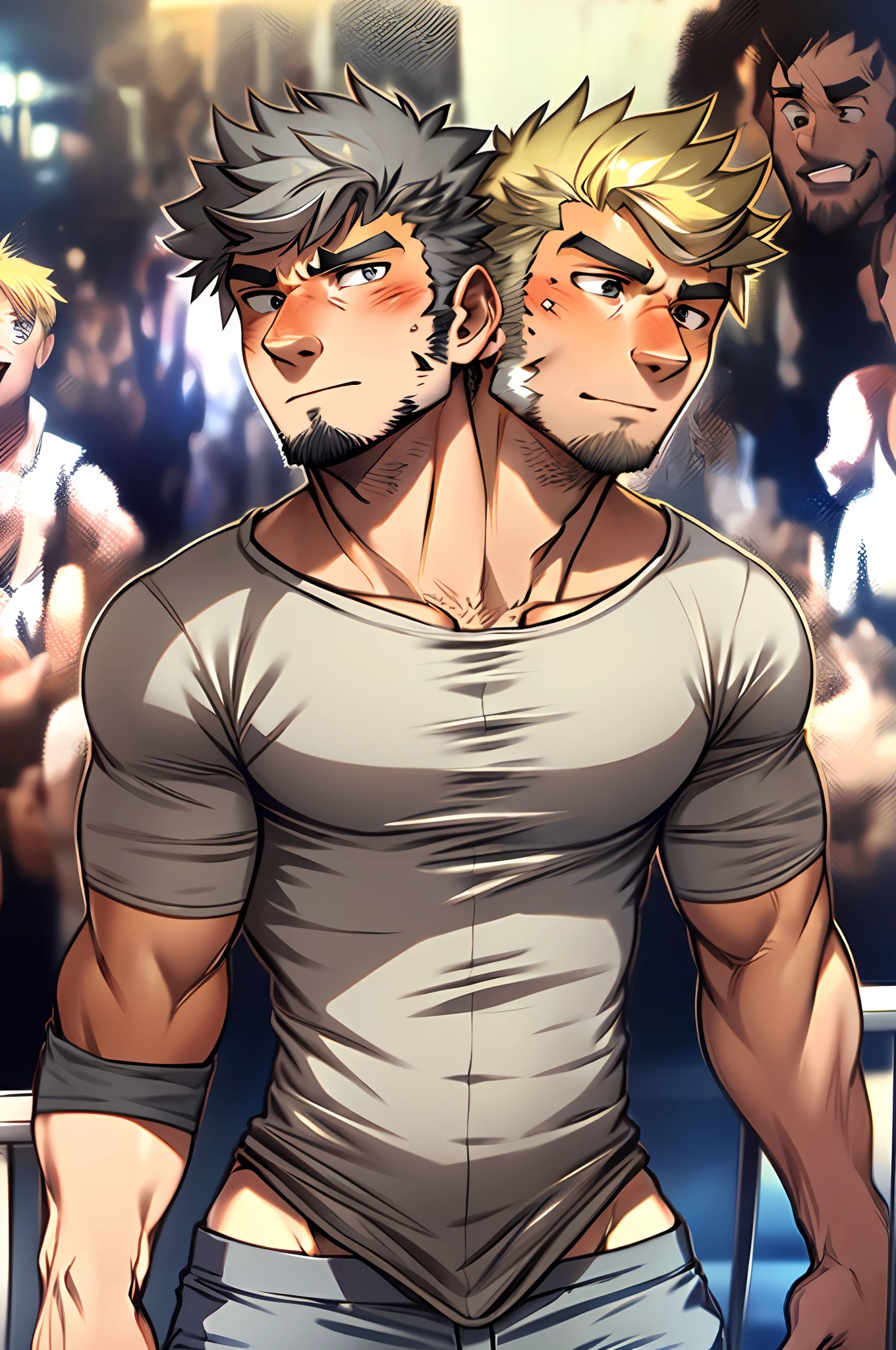 25-year old male, casual clothes, hirsute, two heads, two different heads. Right head older, ash-grey hair, stubble. Left head younger, blonde hair. Visible age difference. Different hairstyle. Different face shape.