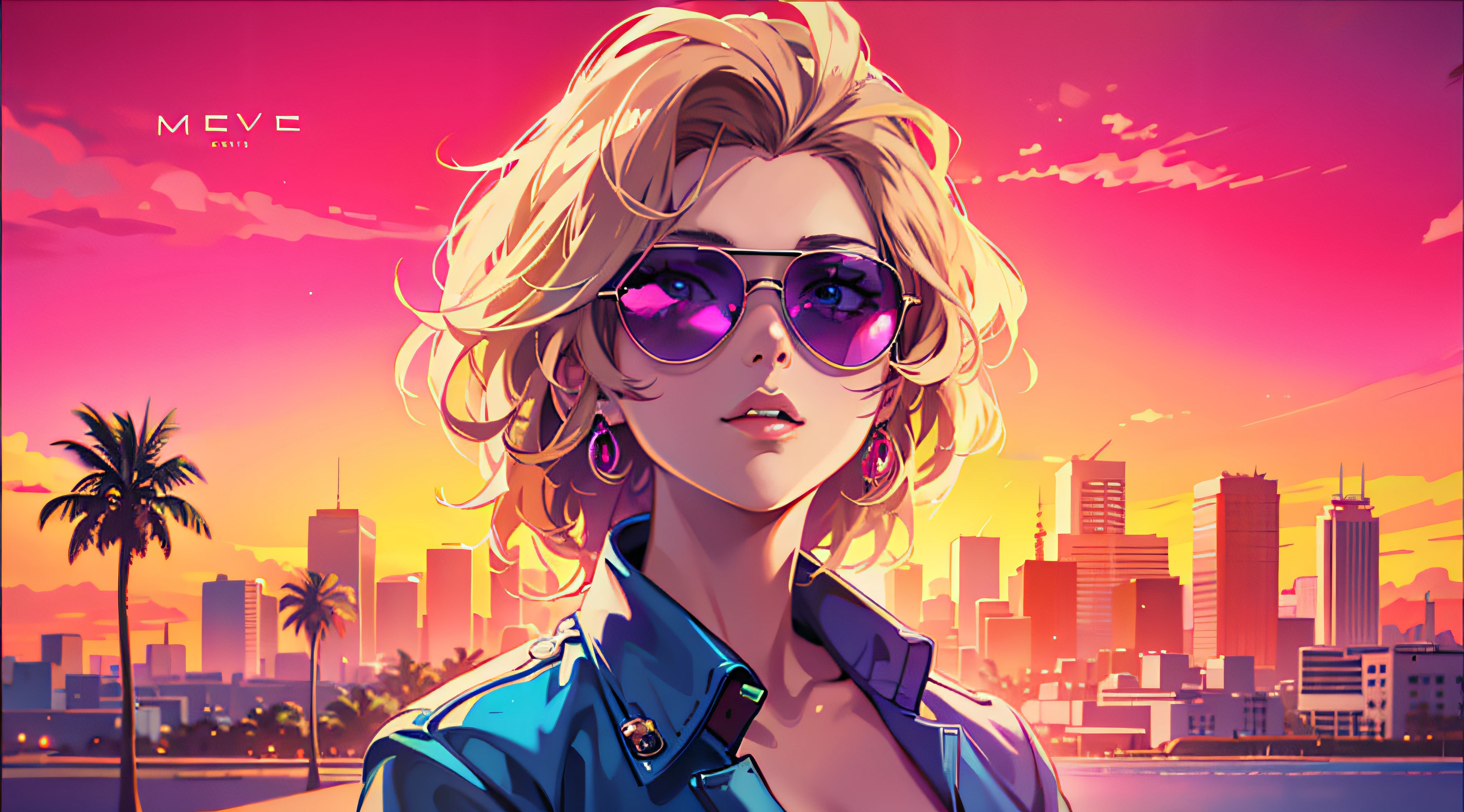 Garota anime com cabelo loiros, Estilo anime 8K, Estilo anime. 8k, illustration Anime style, Estilo de arte de anime, arte digital estilo anime, Digital anime illustration, Anime Art Wallpaper 8K, Anime Art Wallpaper 4K, Anime Art Wallpaper 4K, arte digital estilo anime, Nice anime art style, Estilo de arte de anime, Synthwave, psychedelic background, neon lighting , pele iluminada por luzes neons, melhor qualidade, 8k, miami, cidade ao fundo, coqueiros