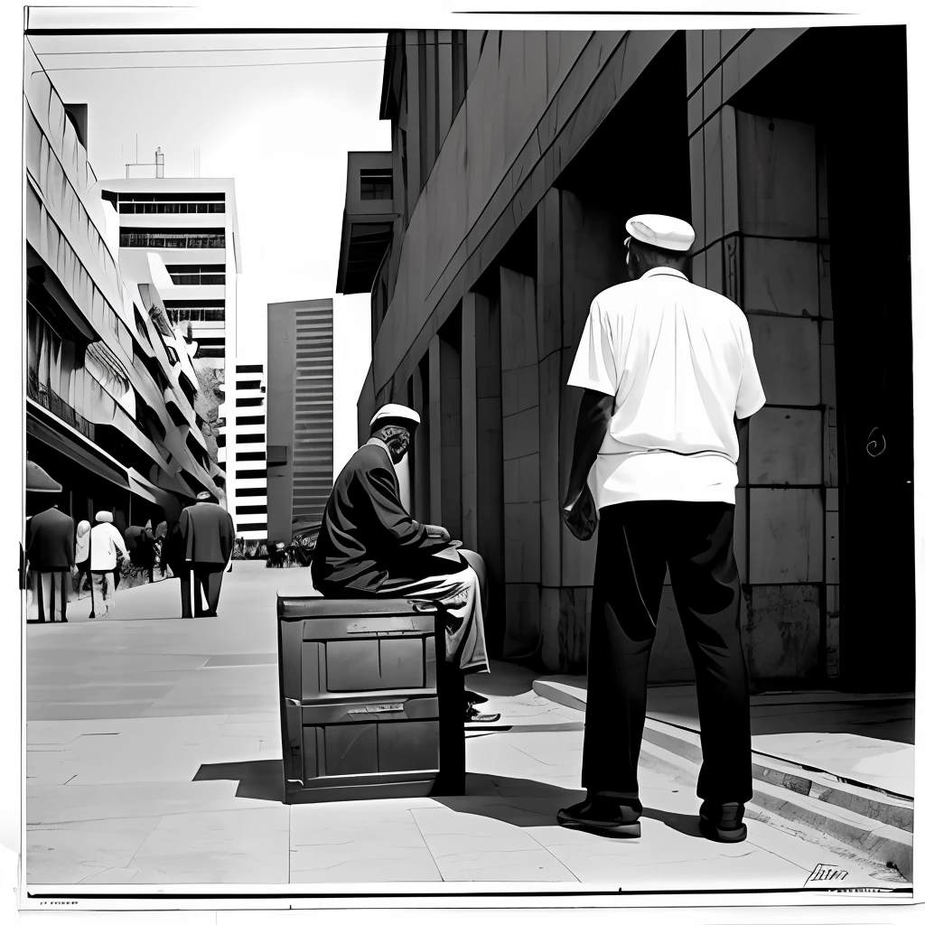 Abstract black and white image of beggar grandpa sitting on top of a box and a man standing next to him, both back and in the background buildings --auto