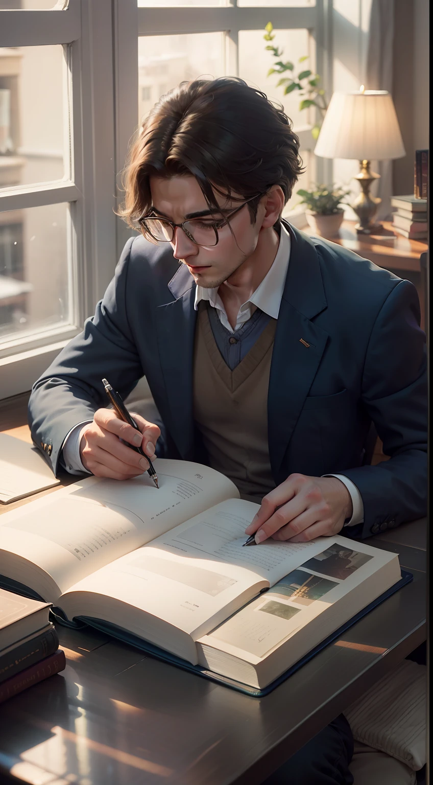 The man sitting at the table，In front of the window was a book and a pen, warmly lit posh study, studying in a brightly lit room, studyng in bedroom, research, elegant study, Reading a book, reading new book, studious chiaroscuro, Hold the book, writing in journal, cozy candlelight