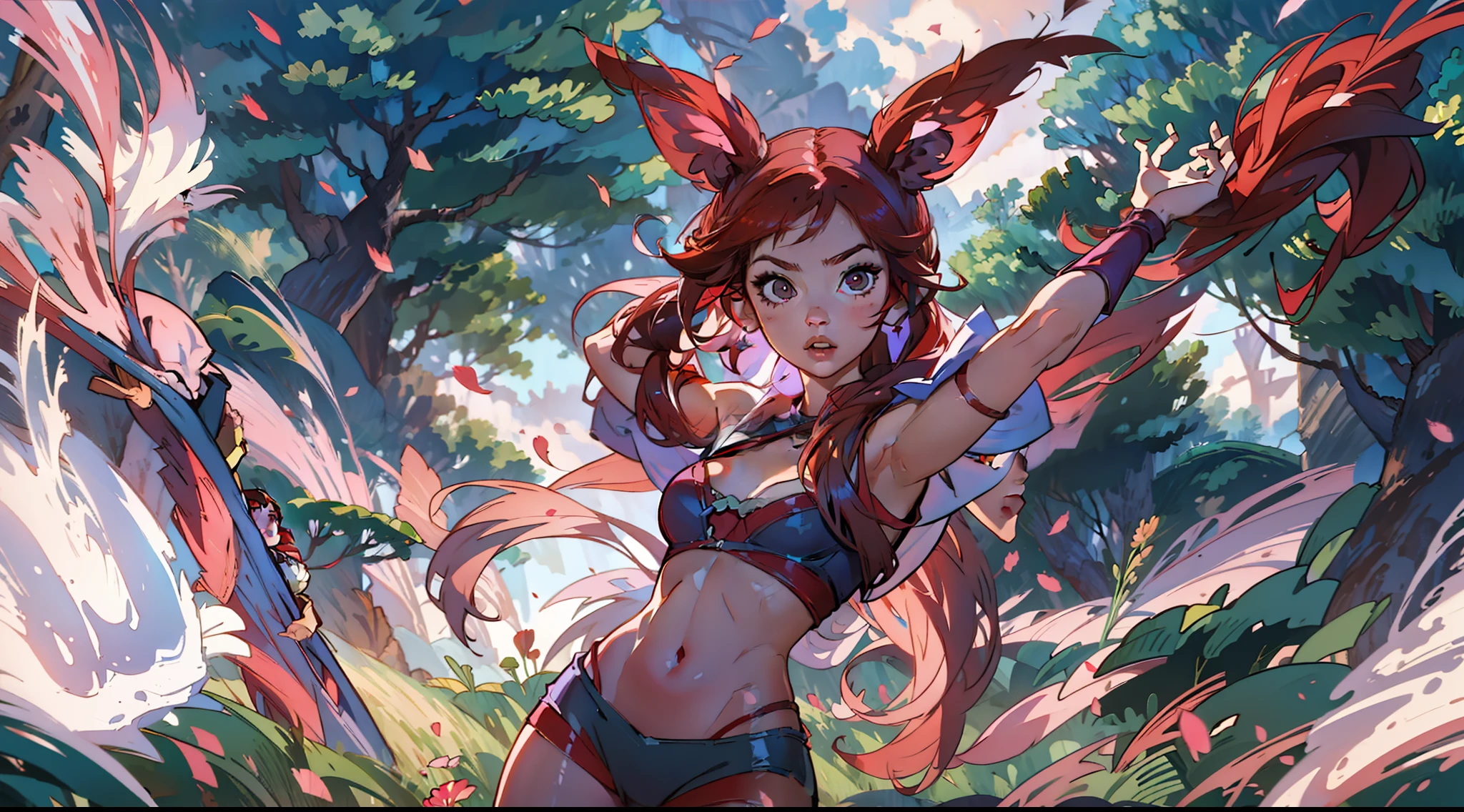 1 girl, ig model, league of legends, xayah, bird ears, action pose, arms up, arms behind head, red hair, brown eyes, lewd face, sexy, red bra, rad panties, cleavage, armpits, large breasts, wide hips, thick thighs, muscles, abs, realistic, ray traced, jungle, grass, trees, night, stars, moon, clouds