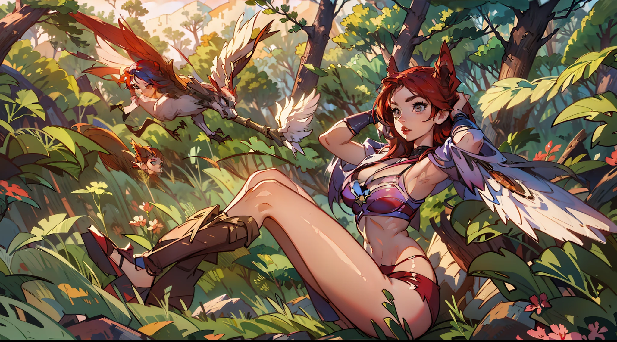 1 girl, ig model, league of legends, xayah, bird ears, action pose, arms up, arms behind head, red hair, brown eyes, lewd face, sexy, red bra, rad panties, cleavage, armpits, large breasts, wide hips, thick thighs, muscles, abs, realistic, ray traced, jungle, grass, trees, night, stars, moon, clouds