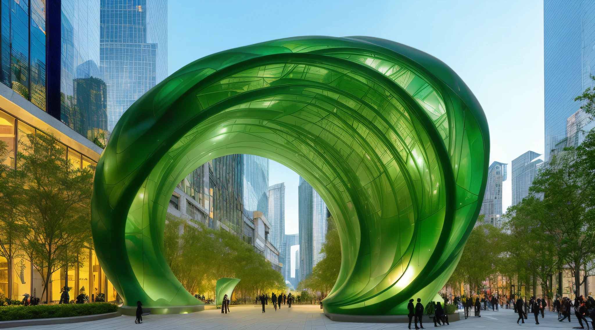 There is a large green sculpture in the center of the city, large translucent art statues, author:Chass is silent, feng zhu |, ( Visually stunning, organic architecture, foster and partners, statue made of glass, futuristic architectural art, inspired by Fei Danxu, morphology, 'a human head made of glass, shenzhen, outdoor art installation