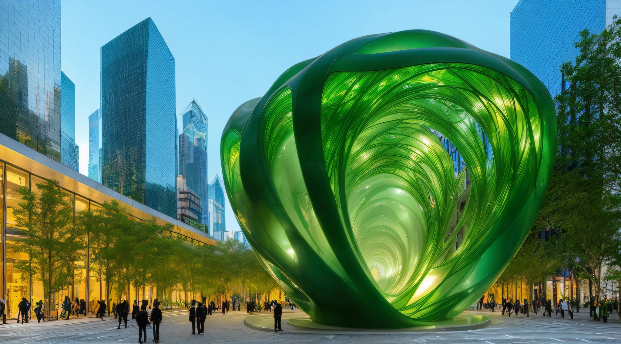There is a large green sculpture in the center of the city, large translucent art statues, author:Chass is silent, feng zhu |, ( Visually stunning, organic architecture, foster and partners, statue made of glass, futuristic architectural art, inspired by Fei Danxu, morphology, 'a human head made of glass, shenzhen, outdoor art installation