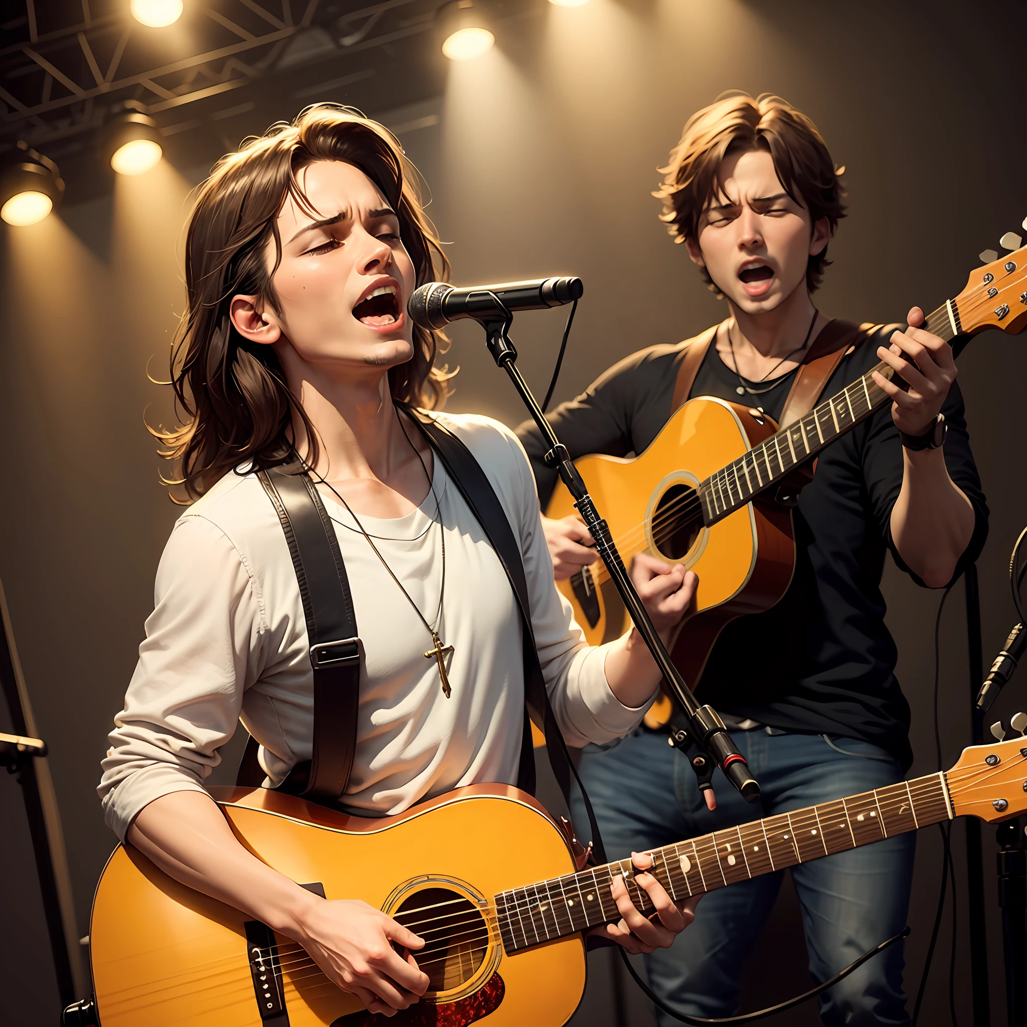 Create image of a front man singing and playing guitar using Christian symbols with phrases of saints singing and praising --auto
