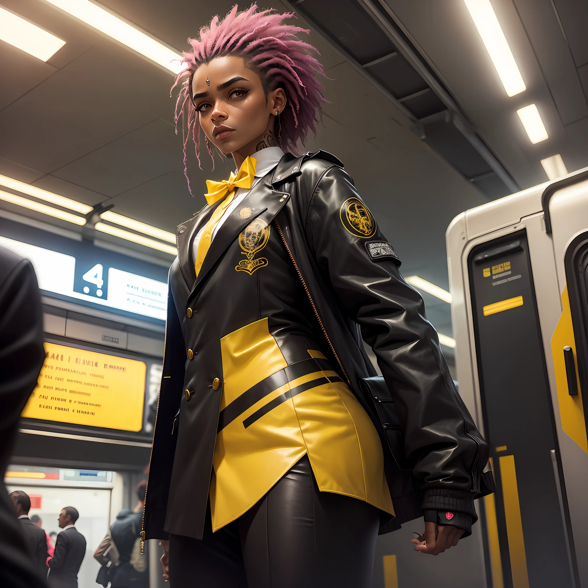 gostaria de uma imagem estilo cyberpunk em 4k de um homem de mais ou menos 50 anos ,de pele negra ,com cabelo punk estilo anos 80 na cor amarelo,o homem te um bigode estiloso, with a tattoo of a scorpion near the eye, facing a metro station on the platform , with station lights failing in a dimly lit environment, standing dressed in a dark yellow suit with a pink bow tie,ao lado de uma mulher morena de rosto latino bem bonita de 33 anos,com tatuagem e gravata borboleta com roupa futuristica .