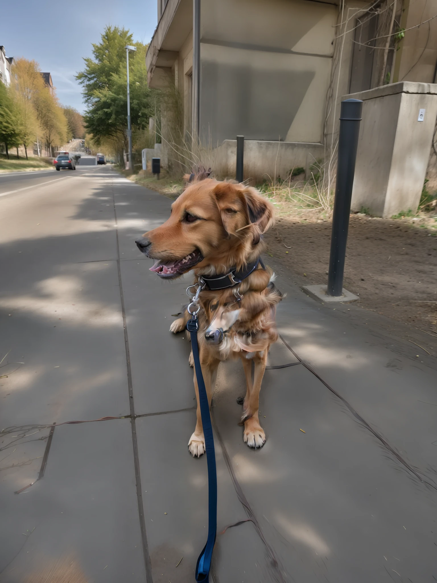 Es gibt einen Hund, standing on the sidewalk with a leash, Foto aufgenommen mit Sony A7R Kamera, Aufgenommen mit Sony A7R Kamera, Foto aufgenommen mit Sony A7R, Aufgenommen mit Sony Alpha 9, Schuss auf eine 9.8mm Weitwinkelobjektiv, Selfie eines Hundes, Aufgenommen mit Leica SL2, Aufgenommen mit der Sony Alpha 1 Kamera