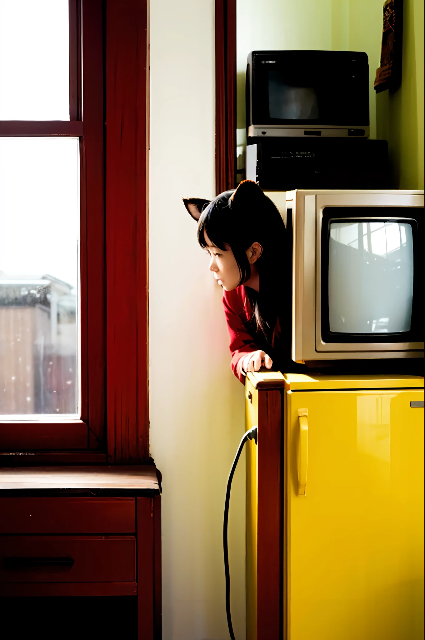 masutepiece, Best Quality, Indoors, 1girl in,Sitting, Animal ears, Komono, Blonde hair, Long hair、by the window