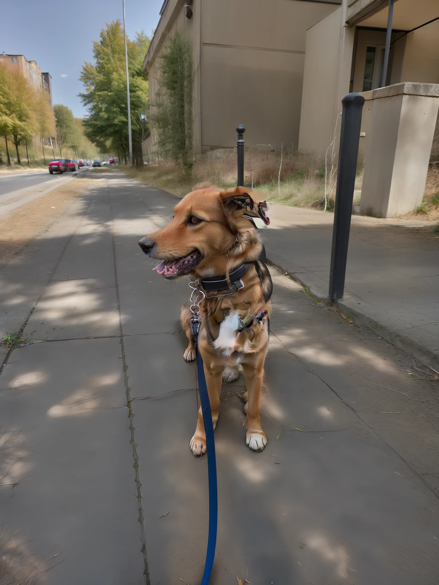 Es gibt einen Hund, standing on the sidewalk with a leash, Foto aufgenommen mit Sony A7R Kamera, Aufgenommen mit Sony A7R Kamera, Foto aufgenommen mit Sony A7R, Aufgenommen mit Sony Alpha 9, Schuss auf eine 9.8mm Weitwinkelobjektiv, Selfie eines Hundes, Aufgenommen mit Leica SL2, Aufgenommen mit der Sony Alpha 1 Kamera