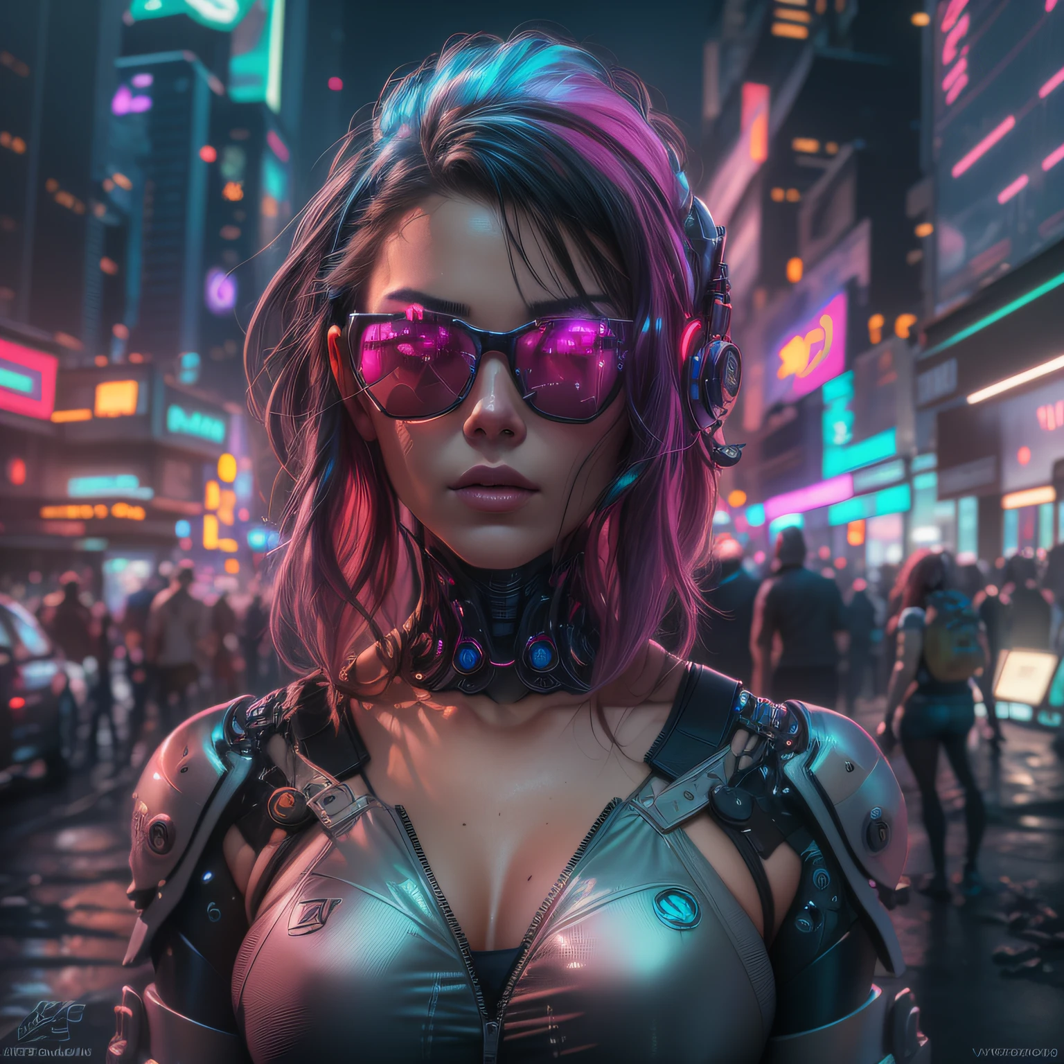 (highly detailed: 1.2), (canon EOS R6 best quality: 1.2), (8k: 1.0), (emb-rrf-low: 1.0), (lots of large black tattoos on cybernetic head open in the middle showing the inside, detailed face, hyper detailed eyes and wearing hi-tech sunglasses with holographic display 1.2), sharp focus (awarded photo: 1.2), (subsurface scatter: 1.2), (subsurface scatter: 1.2). 1.1) (a beautiful ultra-detailed cyborg: 1.2), ( hyper-detailed hair: 1.2), (wonderful body: 1.2), (full body: 1.2), (dynamic stance :1.2), neon glow, (detailed cybernetic eyes:1.1), close-up (hyperrealistic:1.2), rpg, CyberPunk 2077 style, dramatic lighting, (highly detailed futuristic cityscape:1.2), (sci-fi: 1.2). 1.2), professional portrait photography, by wlop greg rutkowski jeffrey simpson alphonse mucha
