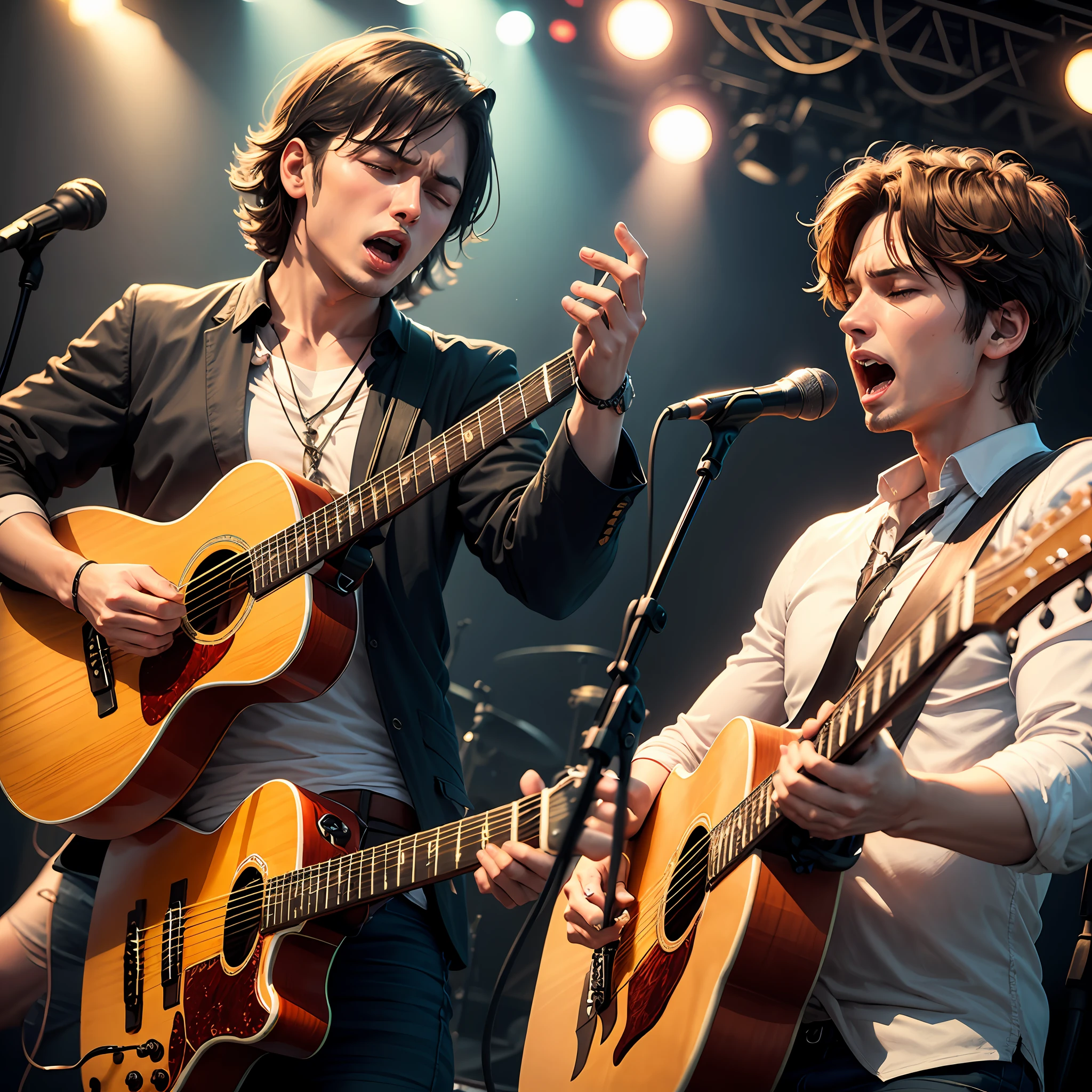 Create image of a front man singing and playing guitar using Christian symbols with phrases of saints singing and praising --auto