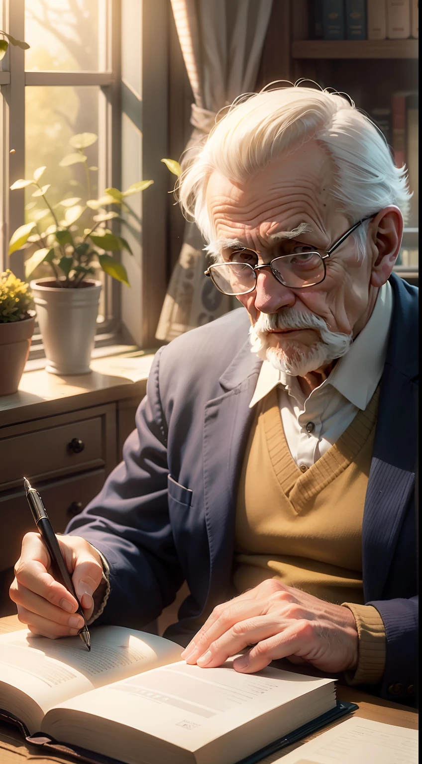 Old man sitting at the table，In front of the window was a book and a pen, warmly lit posh study, studying in a brightly lit room, studyng in bedroom, research, elegant study, Reading a book, reading new book, studious chiaroscuro, Hold the book, writing in journal, cozy candlelight