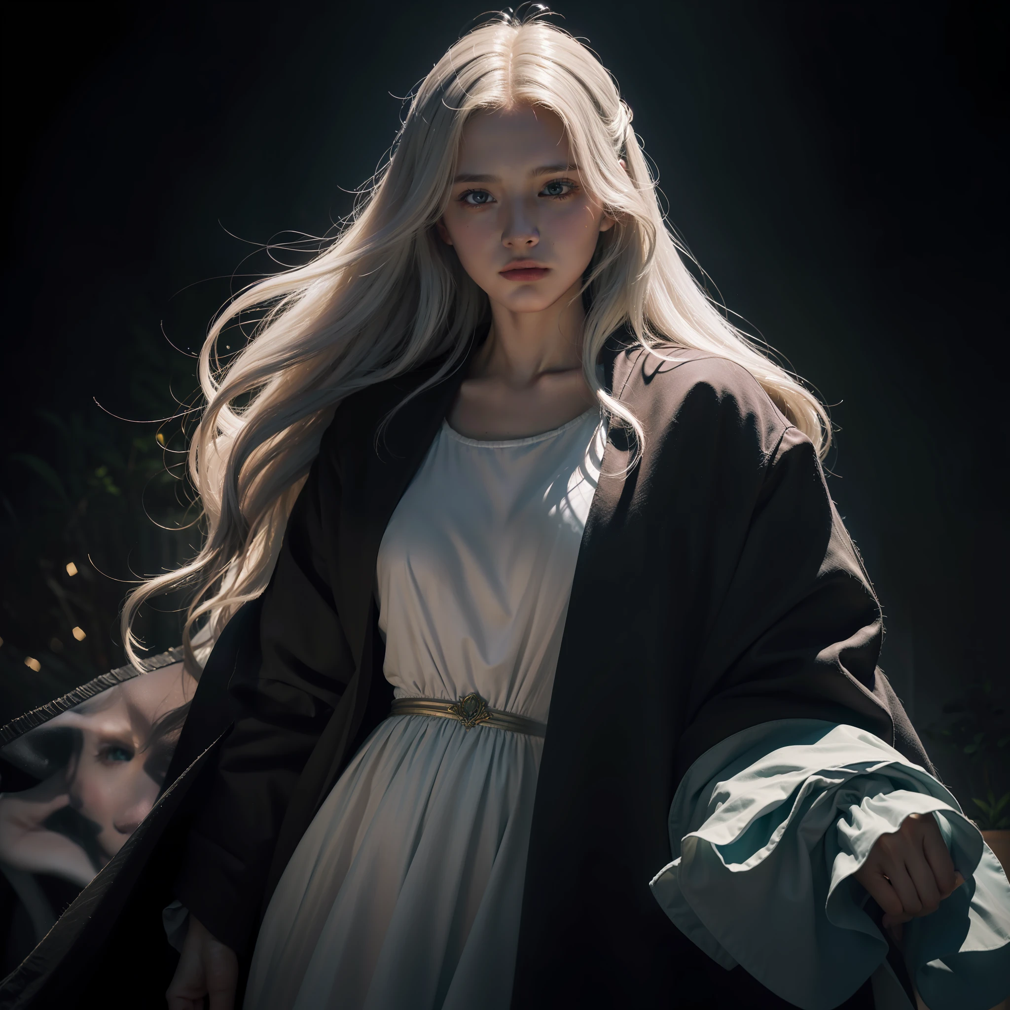 (front focus),(in the dark:1.6), Hyperrealist portrait of female by david hockney and alphonse mucha,fantasy art, photo realistic, dynamic lighting, artstation, poster, volumetric lighting, very detailed faces, 4 k, award winning,, 1girl, in the dark, deep shadow, low key,cowboy shot,(official clothing:1.4) ,long hair,white hair,