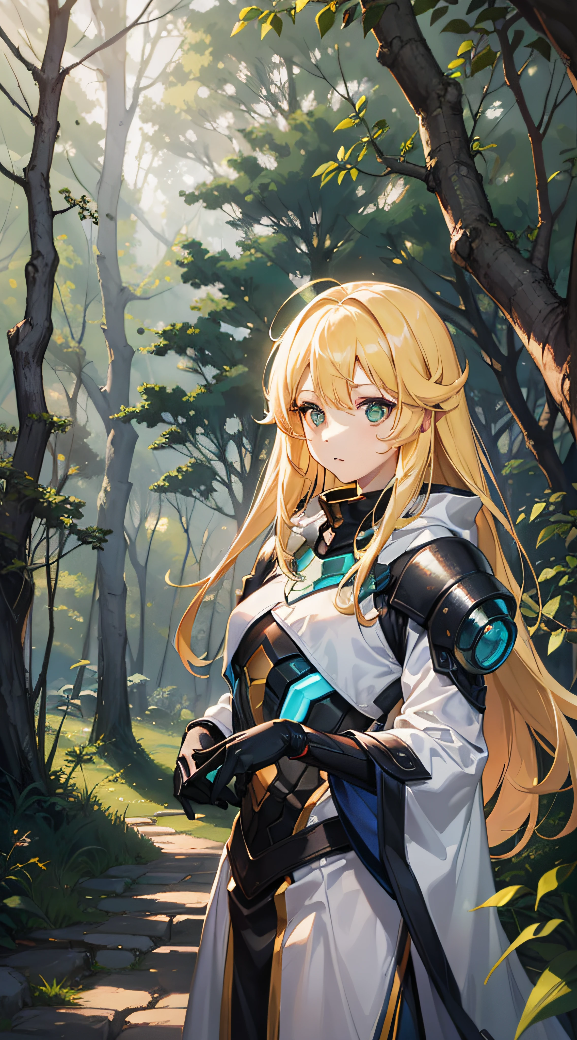 Protoss Girl,Green eyes,Long yellow hair fluttering soft,Surprised expression,white clothes,Inside the forest