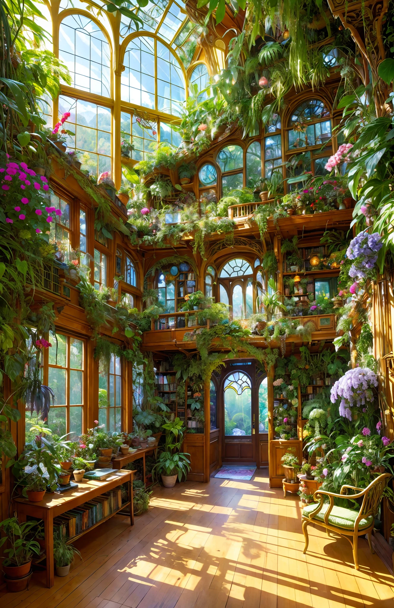 there is a room with a lot of plants and a lot of books, room full of plants, perfect maximalistic composition, messy maximalist interior, maximalism. stunning, magical environment, art nouveau jungle environment, thomas kinkade. forest room, magical realism style, maximalist art nouveau, art nouveau environment, thomas kinkade. cute cozy room, ghibli studio style