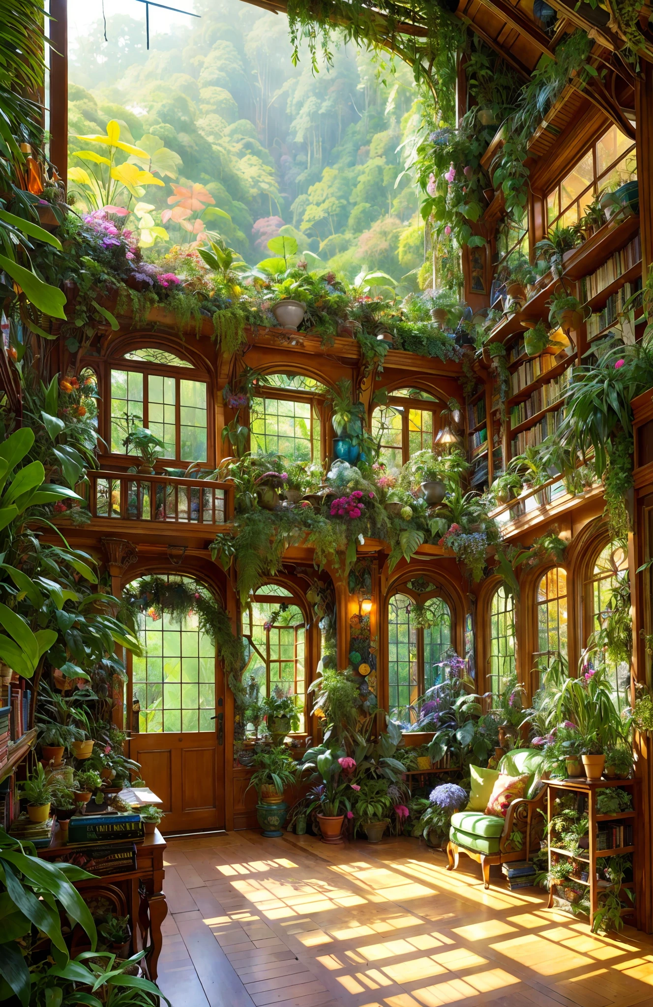 there is a room with a lot of plants and a lot of books, room full of plants, perfect maximalistic composition, messy maximalist interior, maximalism. stunning, magical environment, art nouveau jungle environment, thomas kinkade. forest room, magical realism style, maximalist art nouveau, art nouveau environment, thomas kinkade. cute cozy room, ghibli studio style