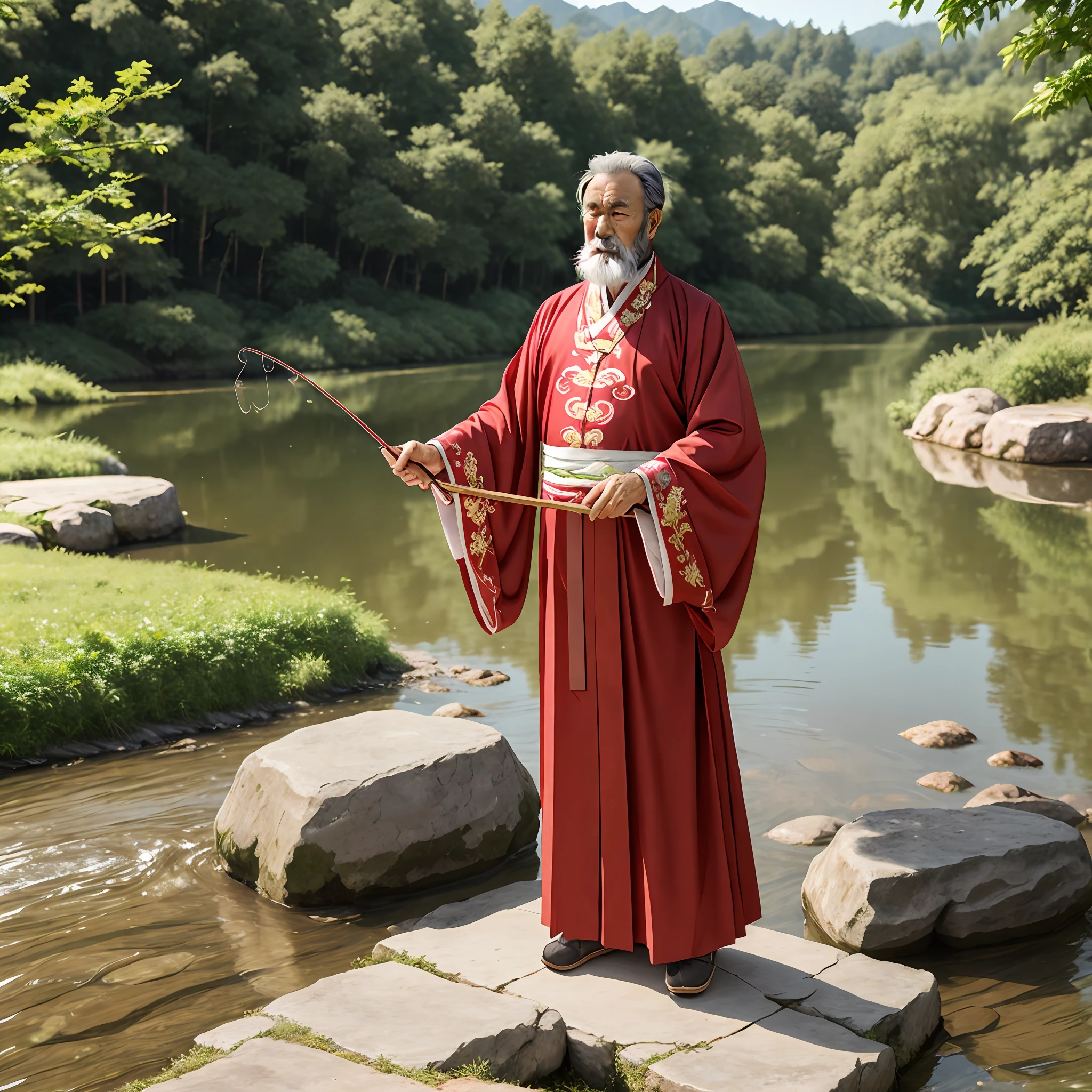 A middle-aged man with vicissitudes is fishing by the river,Beard,ancient Chinese costume --auto