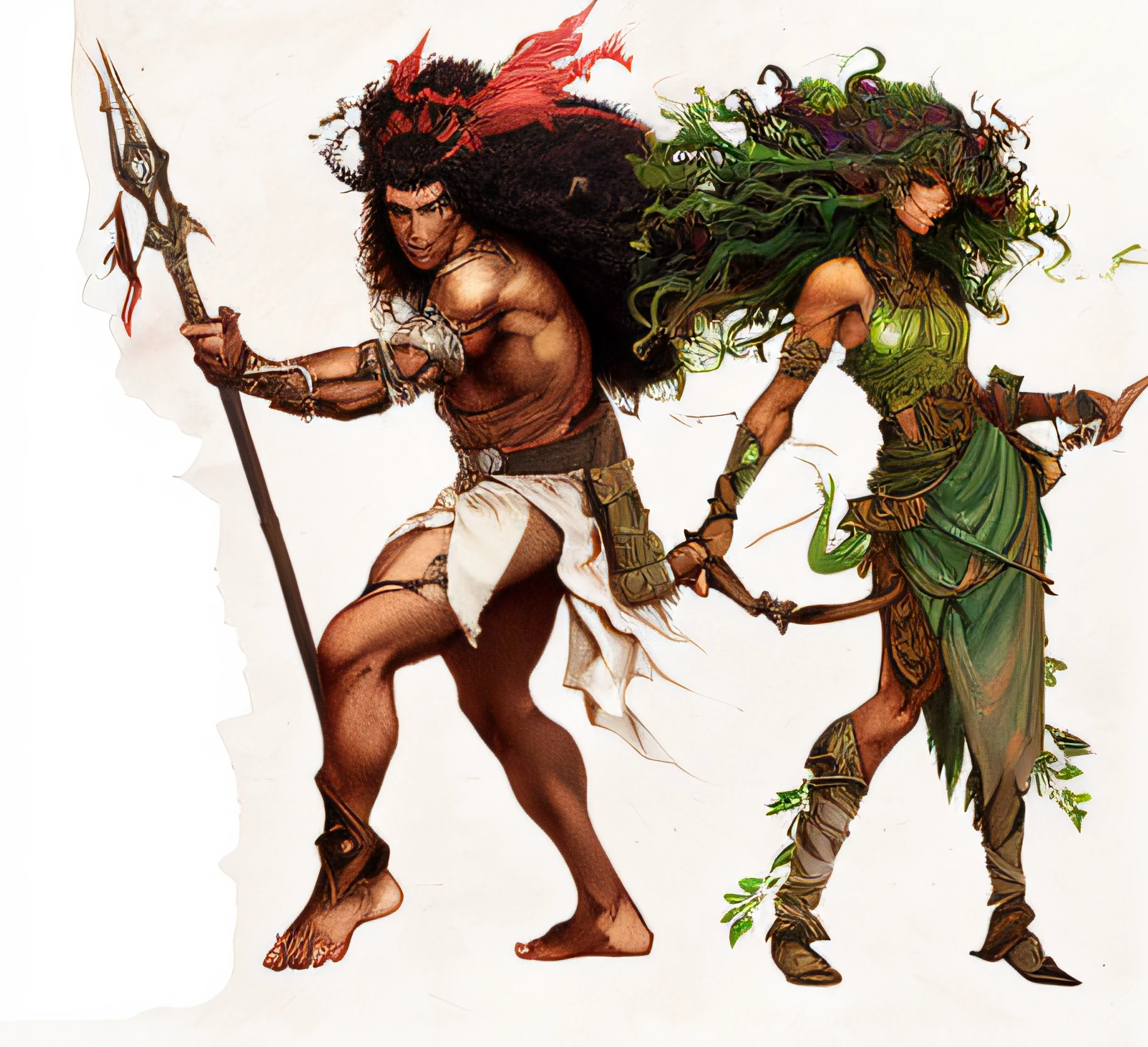 There are two people who stand side by side, Do Pathfinder, Faunos, d&d arte do personagem dark sun, Personagens da mitologia grega, d&Personagens D, Artista Marcial Dryad, Personagens de Dungeons and Dragons, personagens de fantasia, Corridas de fantasia, d & d personagem de fantasia, Medusa masculina, muscular female druid, arte conceitual de alta fantasia, d & d arte do personagem arte em estilo Greg Rutkowski + wendy froud