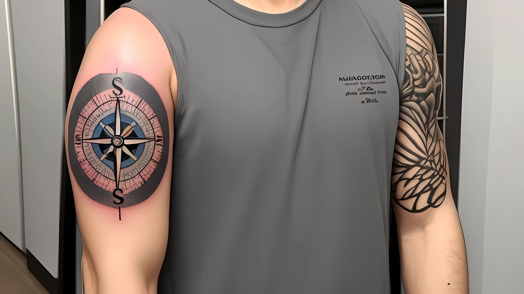 Tatuagem com navio antigo,compass, signo de Virgem, universo. Alimentos podre