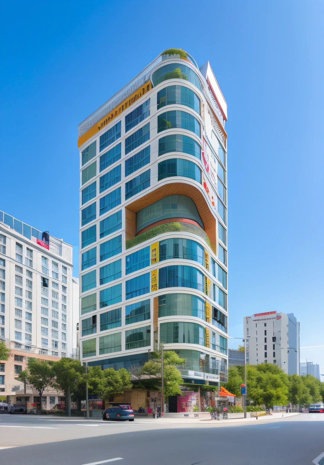 arafly curved building with a sign on top of it, megatall building, full - view, hoang lap, exterior view, exterior, mid-view, full building, a wide full shot, hoang long ly, shot on sony a 7 iii, frontview, front-view, riverside, majestic masterpiece, medium full shot, monalisa hotel --auto