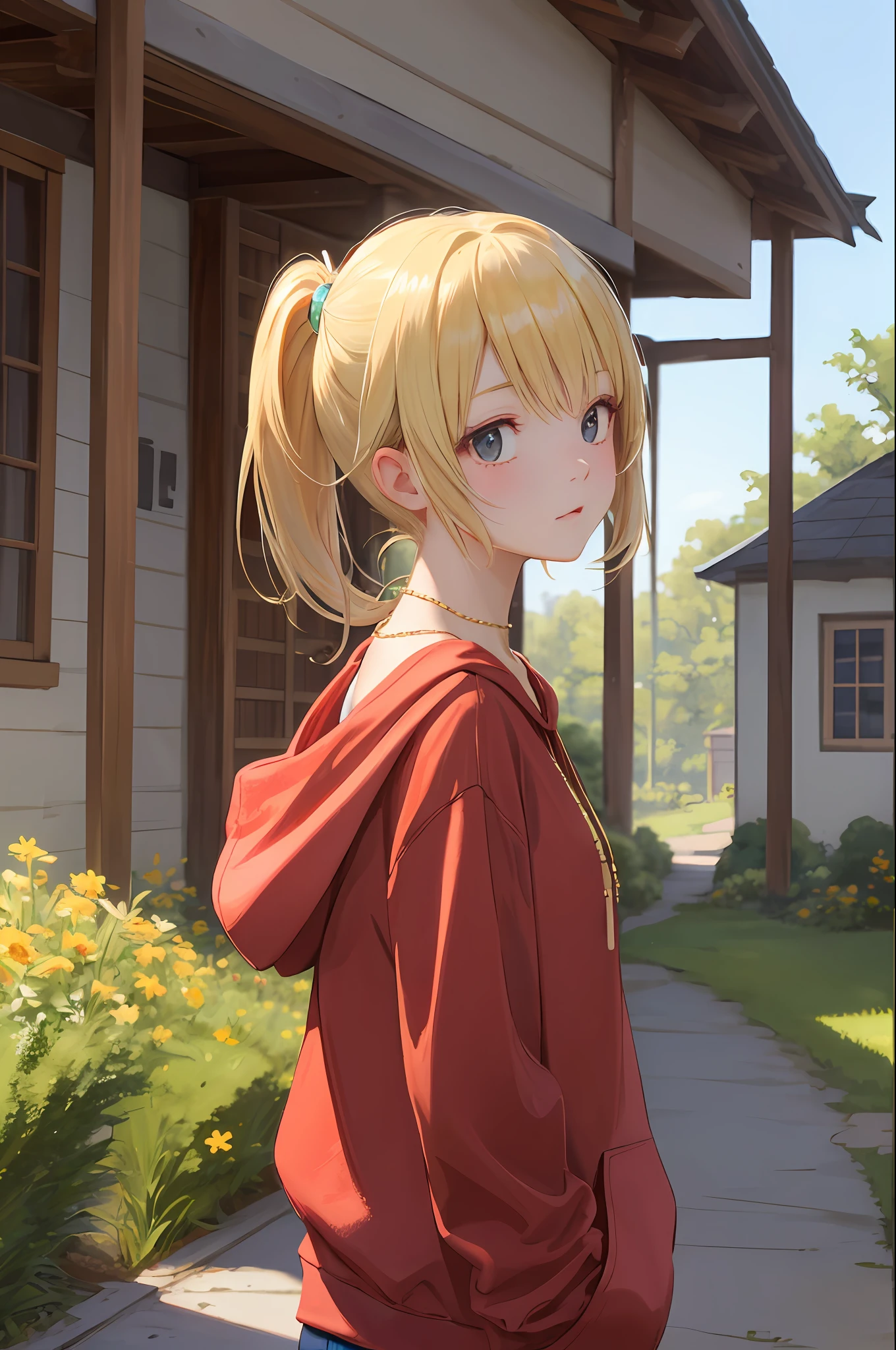 1girl, a necklace, poneyTail, look up to, Gold Necklace, Red Hoodie, blonde  hair, blows wind, ighly detailed, hightquality, natural soft light, back lighting, outside of house, pasture, steady, 细致背景、A pokémon、magia