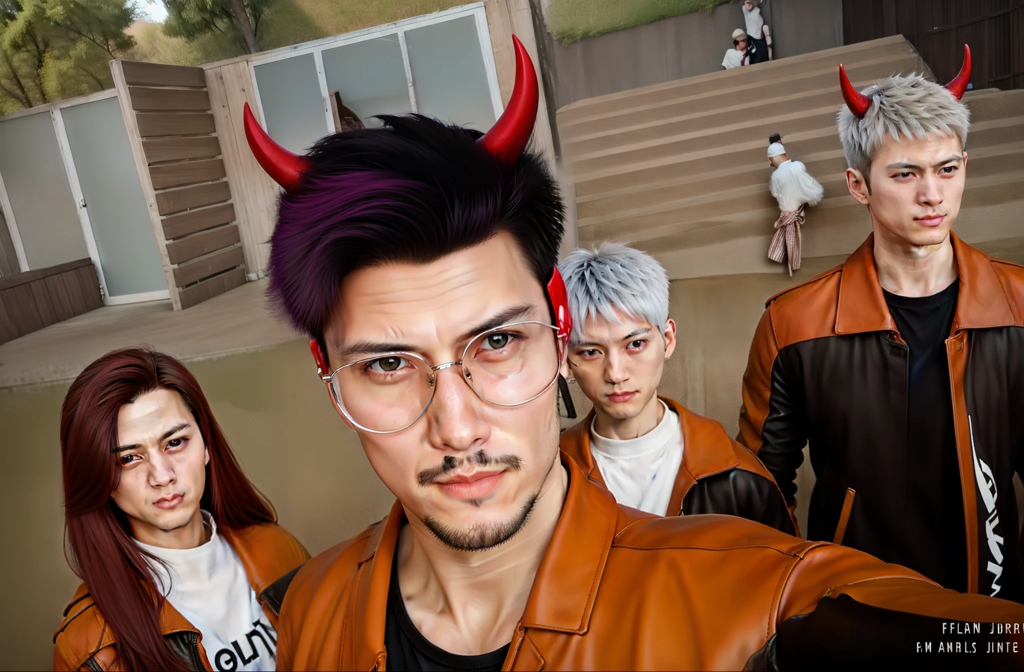 4 people, 2boy, 2girl, looking at viewer, all wearing leather jackey, red horns,