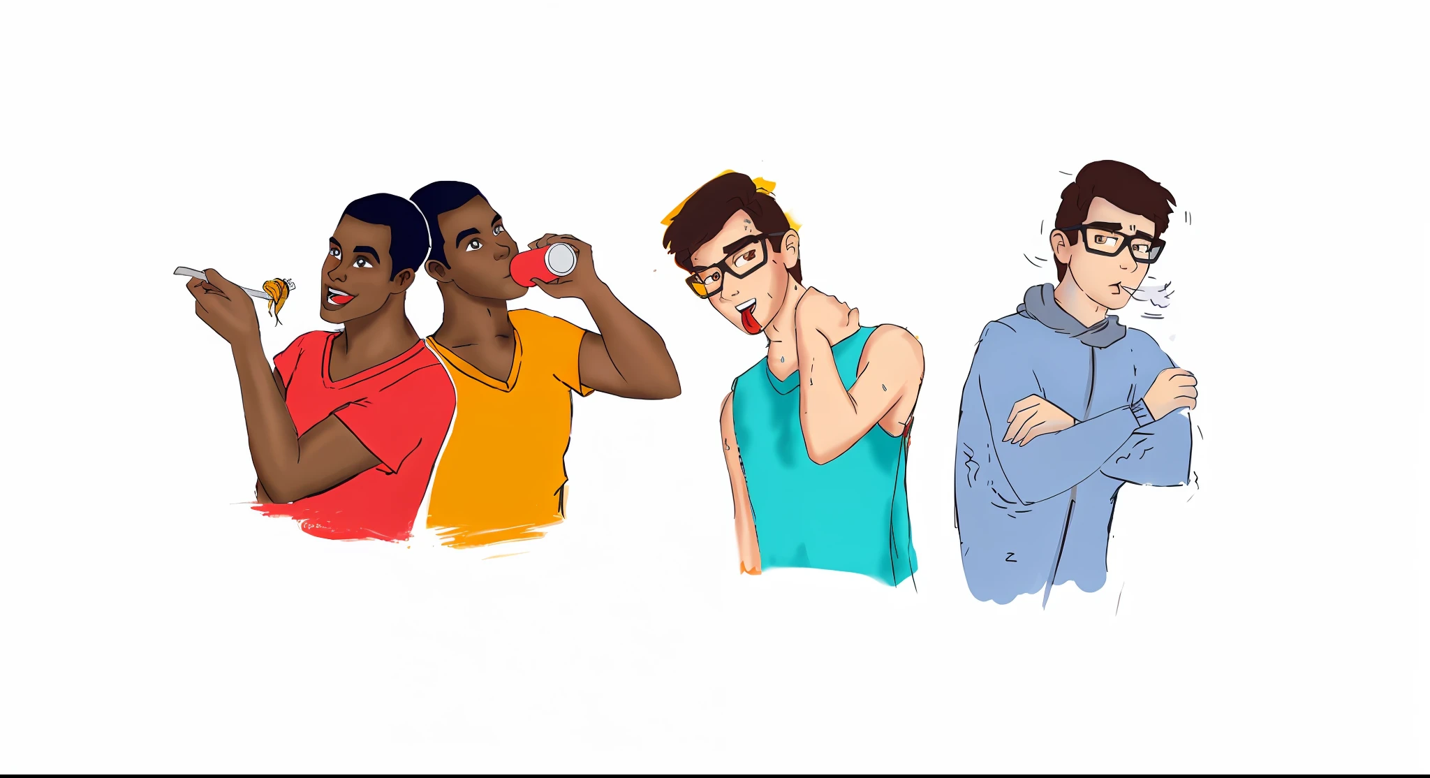 people stand in line with their mouths open, full-colour illustration, design de personagem masculino, several character designs,