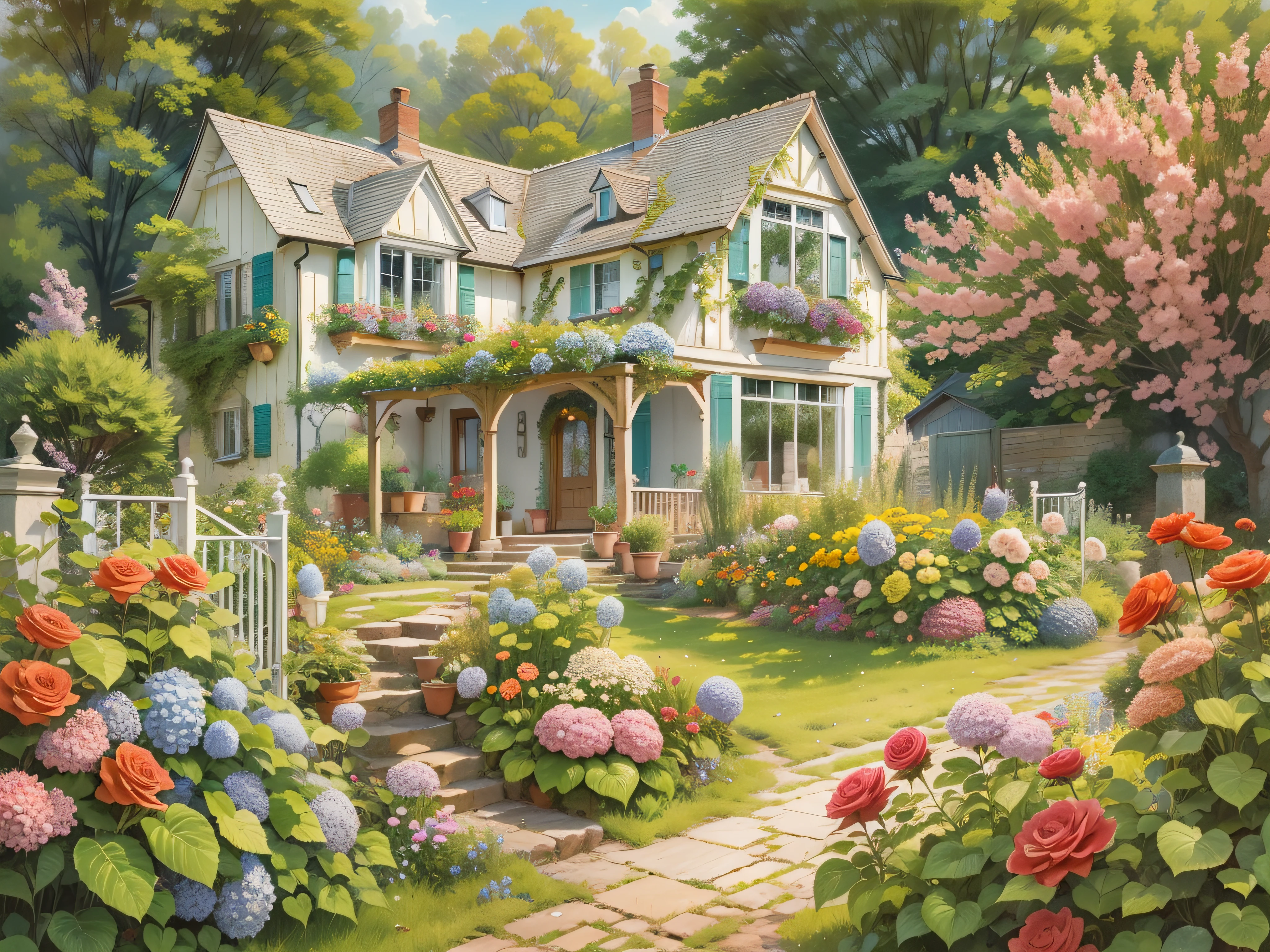 A beautiful country house with a well-kept yard around, roses, birches, strawberries, hydrangeas