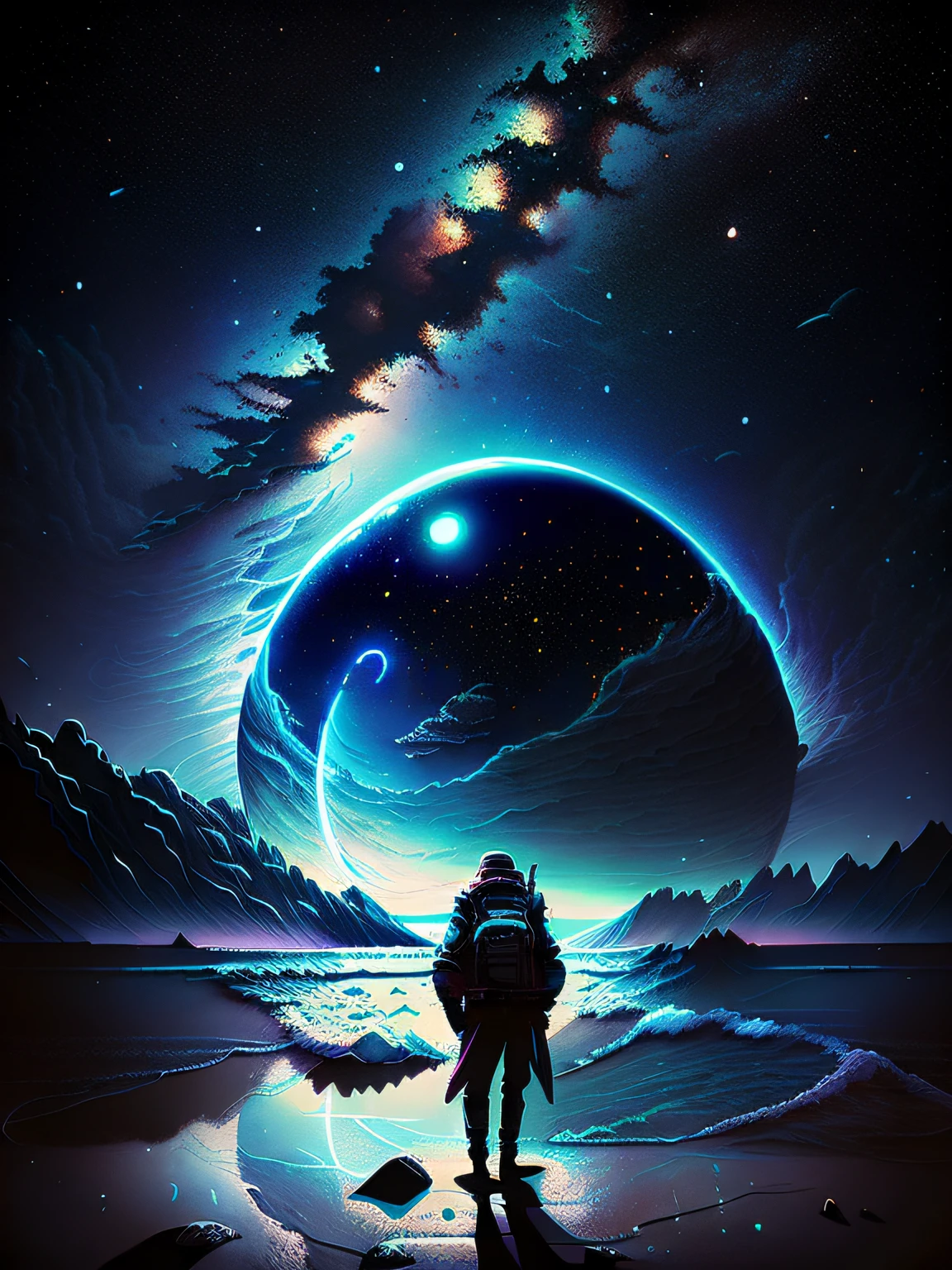 A man stands on a beach looking at an image of Alphad of a planet, 3 d render beeple, cinematic beeple, sci fi epic digital art, science fiction digital art, Science-fi digital art illustration, epic fantasy sci fi illustration, 8K stunning artwork, artgem and beeple masterpiece, jessica rossier fantasy art