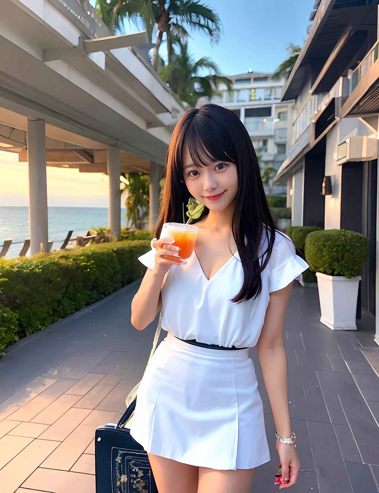 18yo girl is smiling with white dress holding a drink