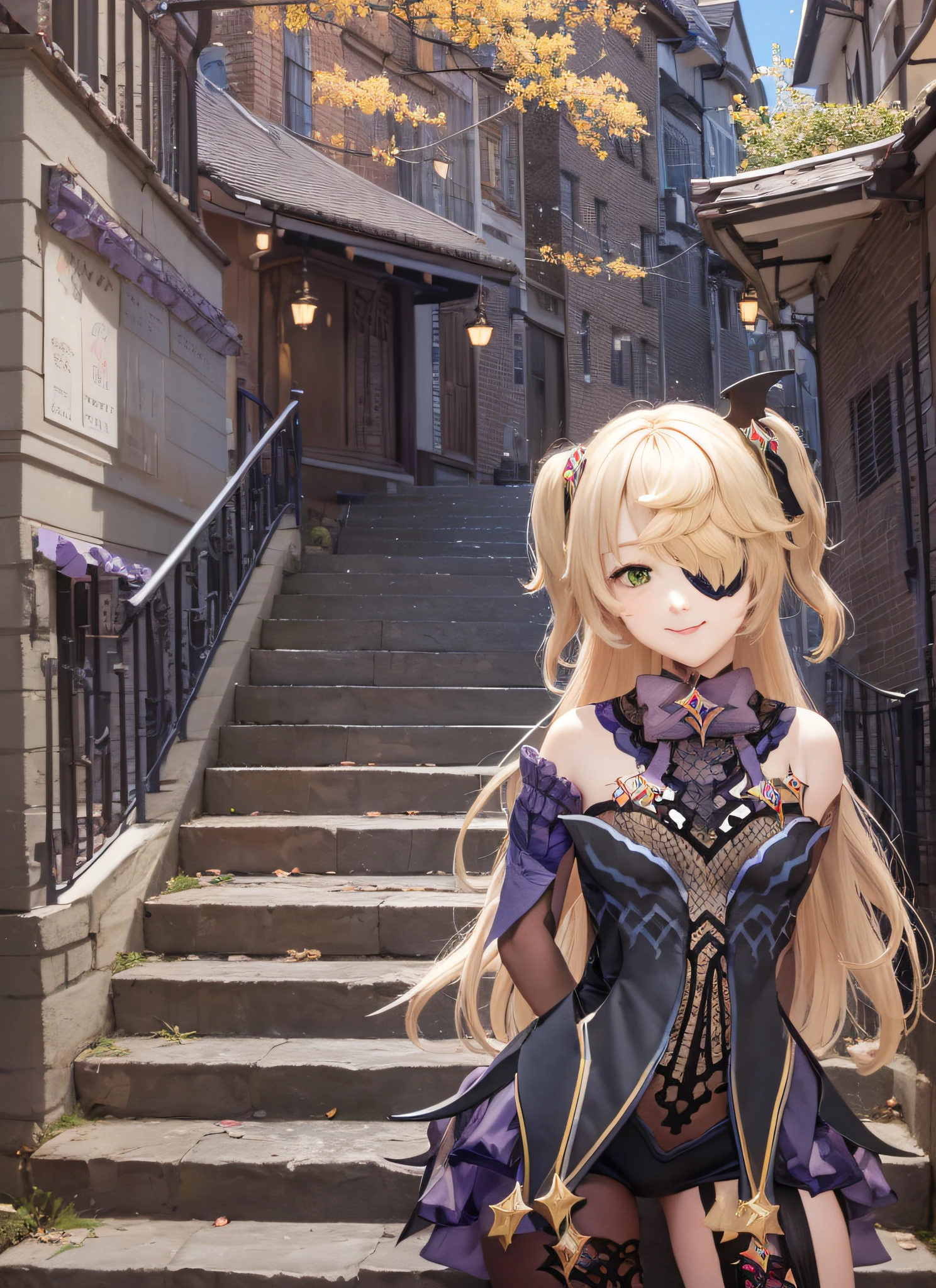 Fischrudev, The upper part of the body, A smile, red blush, a blond、plein air, tag, simple background, blue open sky, shorth hair, Skysky, temple, looking at the viewers, stairway, mont, Moody lighting, Facing your audience,