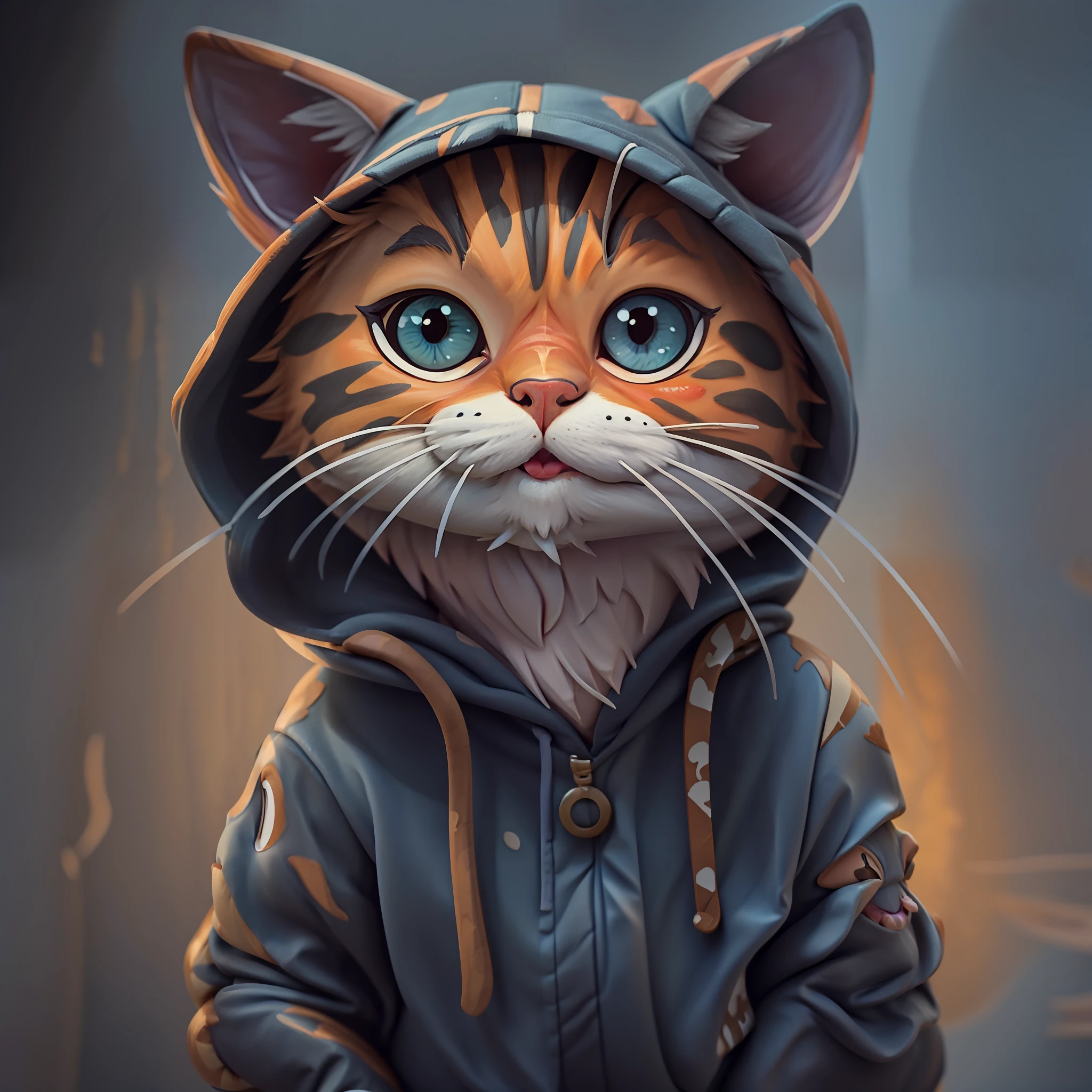 There is a cat that is wearing a jacket and a hood, arte digital detalhada bonito, painting digital adorable, arte digital bonito, gato cyberpunk, Arte digital altamente detalhada em 4k, arte digital peluda, Retrato de personagem peludo, Arte digital detalhada em 4k, arte detalhada bonito, Gato. pintura digital, retrato de alta qualidade, papel de parede de alta qualidade, pintura digital altamente detalhada