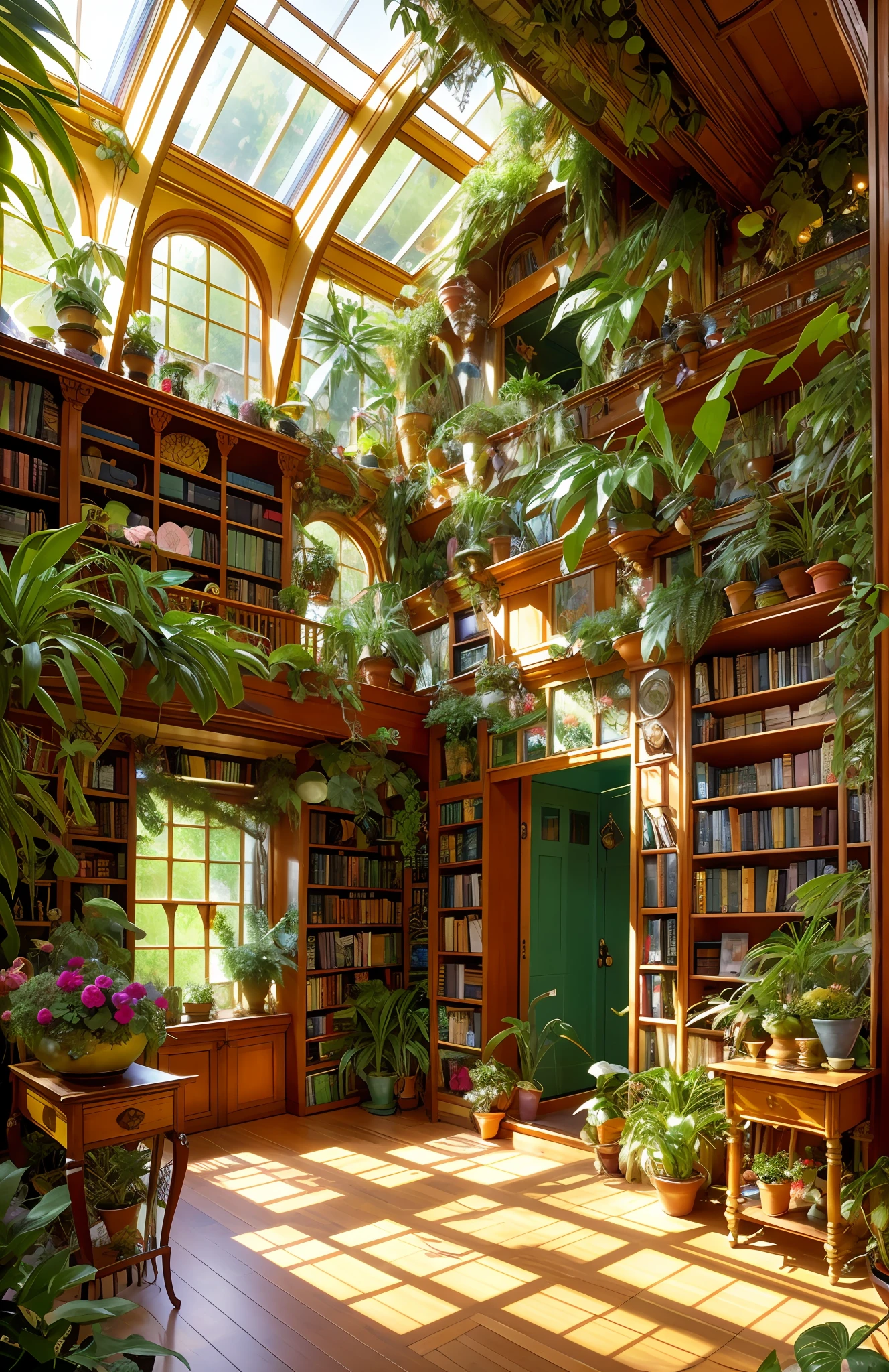 there is a room with a lot of plants and a lot of books, room full of plants, perfect maximalistic composition, messy maximalist interior, maximalism. stunning, magical environment, art nouveau jungle environment, thomas kinkade. forest room, magical realism style, maximalist art nouveau, art nouveau environment, thomas kinkade. cute cozy room, ghibli studio style