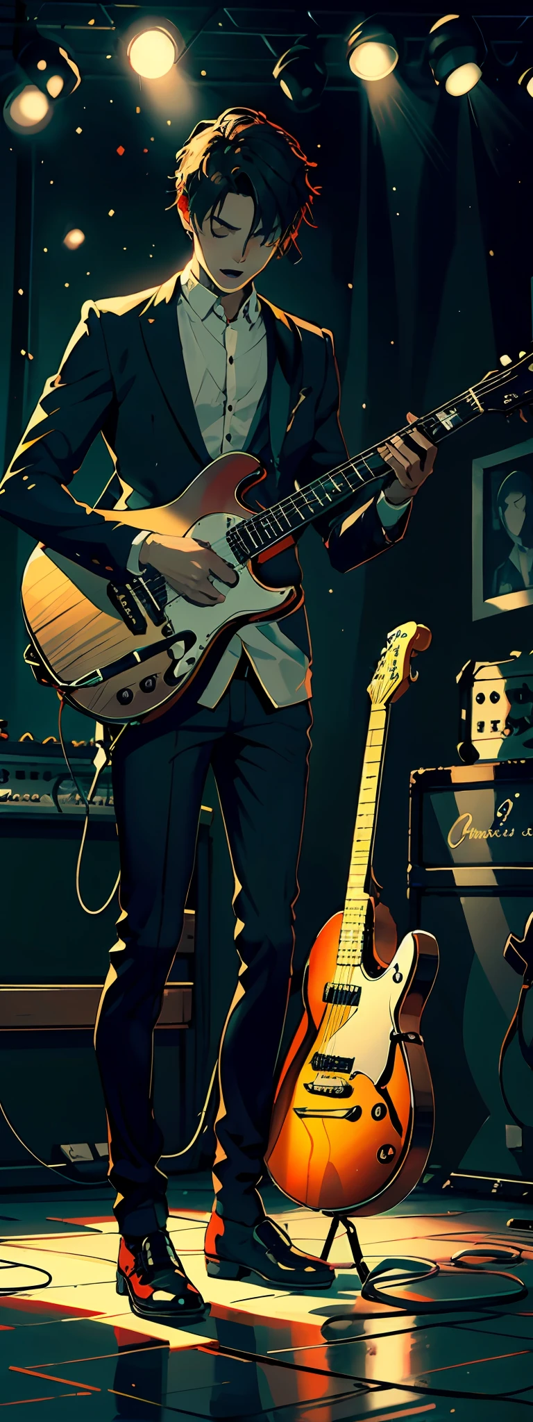 Create photo of man with full body Catholic Christian playing guitar and singing with face forward Beautiful with Christian costumes wearing cross on chest using Christian symbols