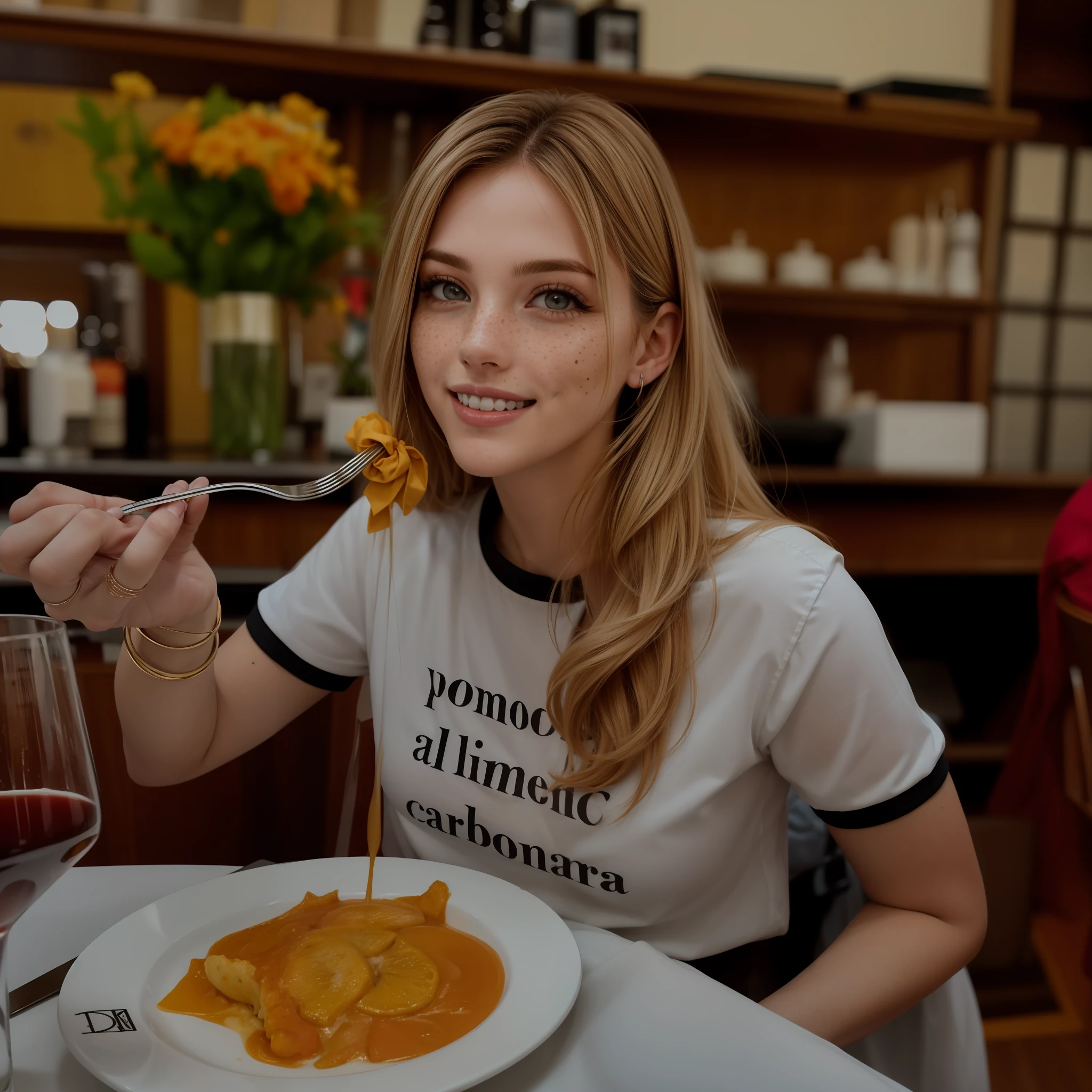 Rosto de uma mulher, americana, 25 anos, pale skin and freckles, olhos cinzas, nariz delicado, soft and delicate lips, cabelo blondie cinza, ultrarrealista HD fotorrealista altamente renderizado sorriso cativante