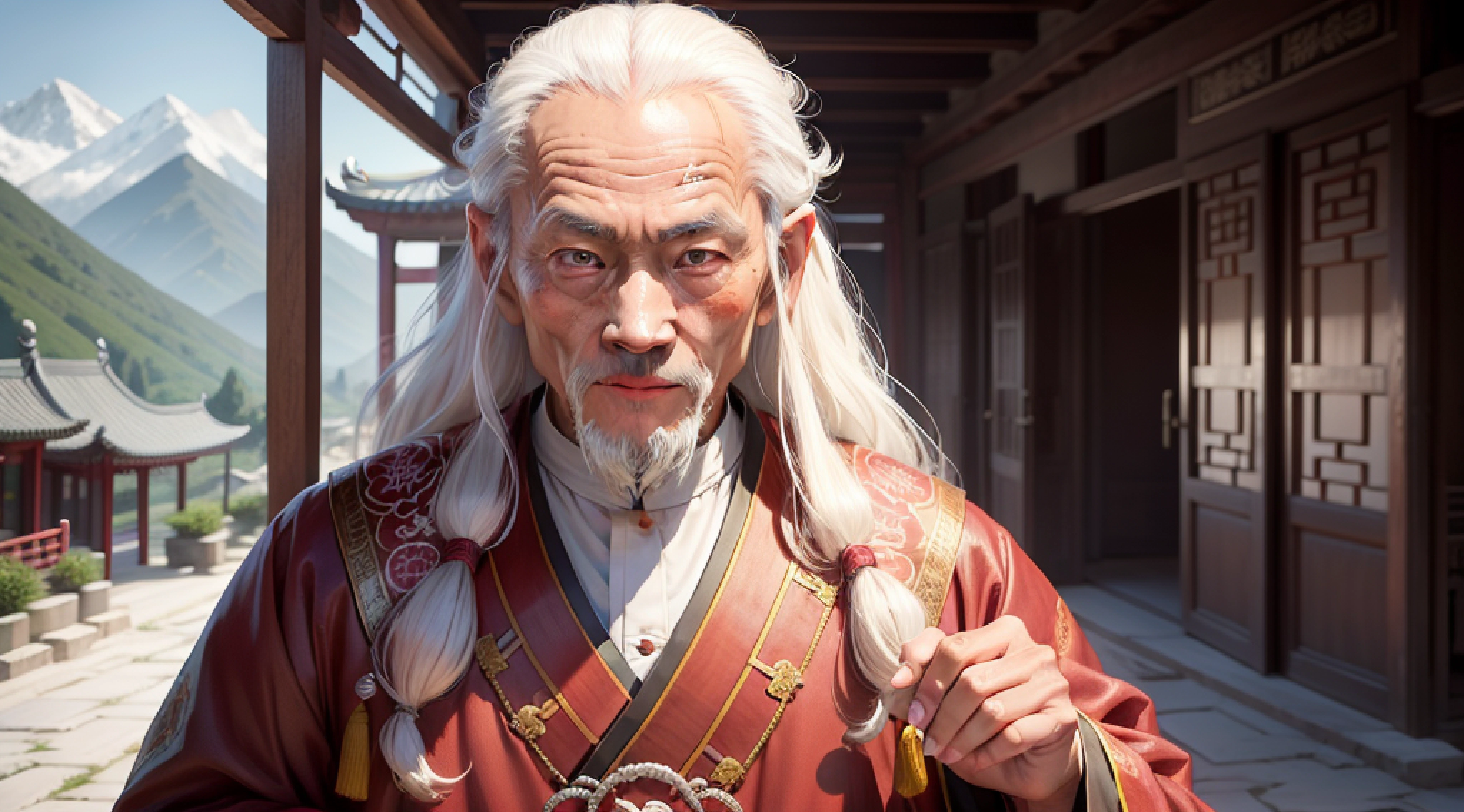 Old chinese monk, High details, 80 Years Old, detailed skin, detailed eyes, very detailed eyes, very high detail, white long hair, master-piece, best quality, high quality, China, better hands, better eyes, better face, traditional chinese clothes, antique, CG, HDR, mountains in the background