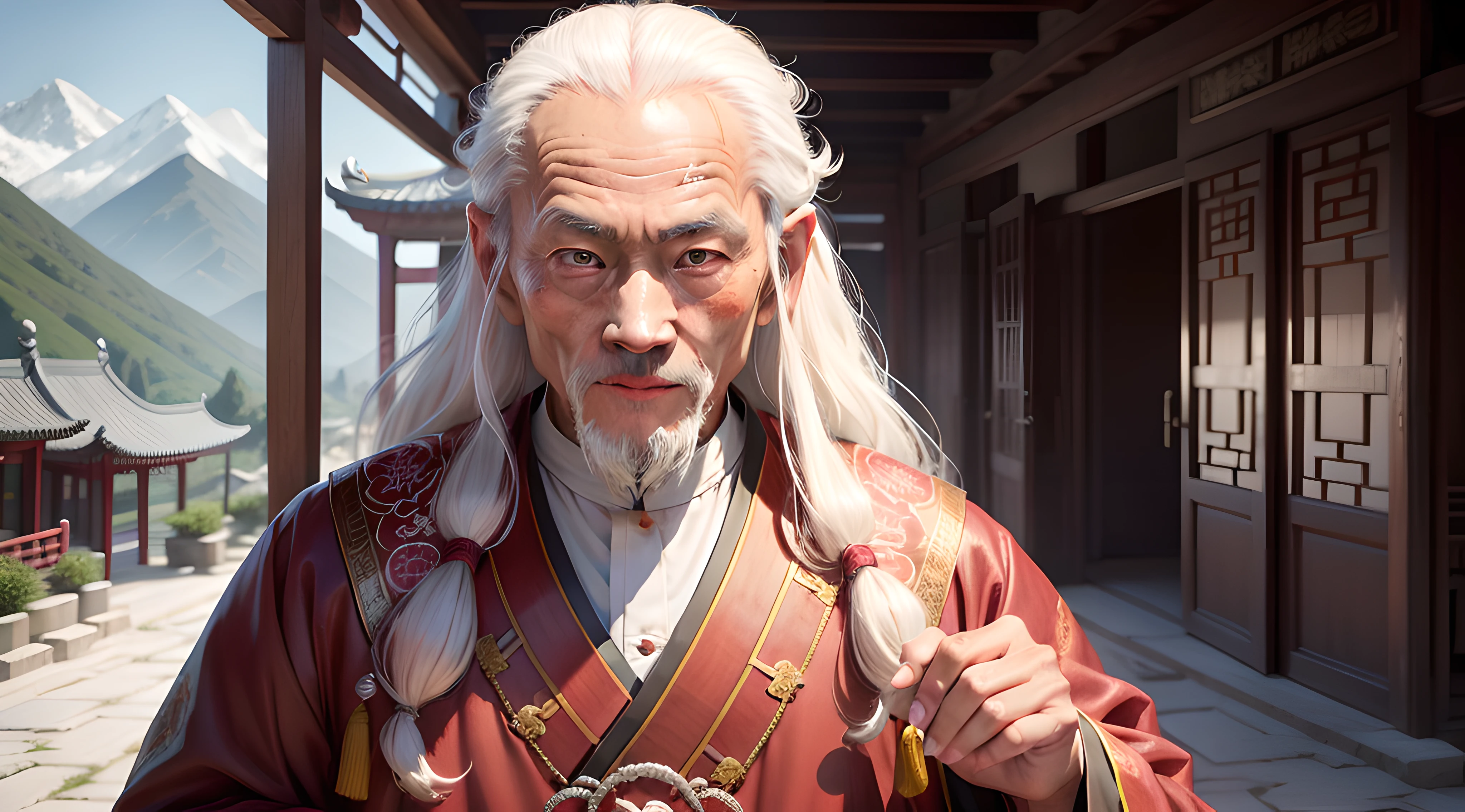 Old chinese monk, High details, 80 Years Old, detailed skin, detailed eyes, very detailed eyes, very high detail, white long hair, master-piece, best quality, high quality, China, better hands, better eyes, better face, traditional chinese clothes, antique, CG, HDR, mountains in the background